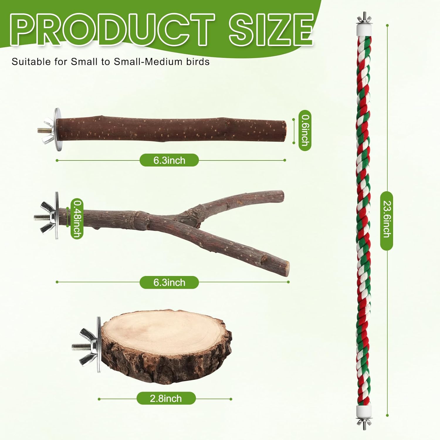 BILLIOTEAM 9PCS Apple Wood Bird Perches, Natural Parrot Stand & Chewing Toy with Multi-Branch, Straight Perch Stand, Platform & Climbing Rope, Cage Accessories for Parakeets, Cockatiels, Budgies - Happypetzone.online - Image 2