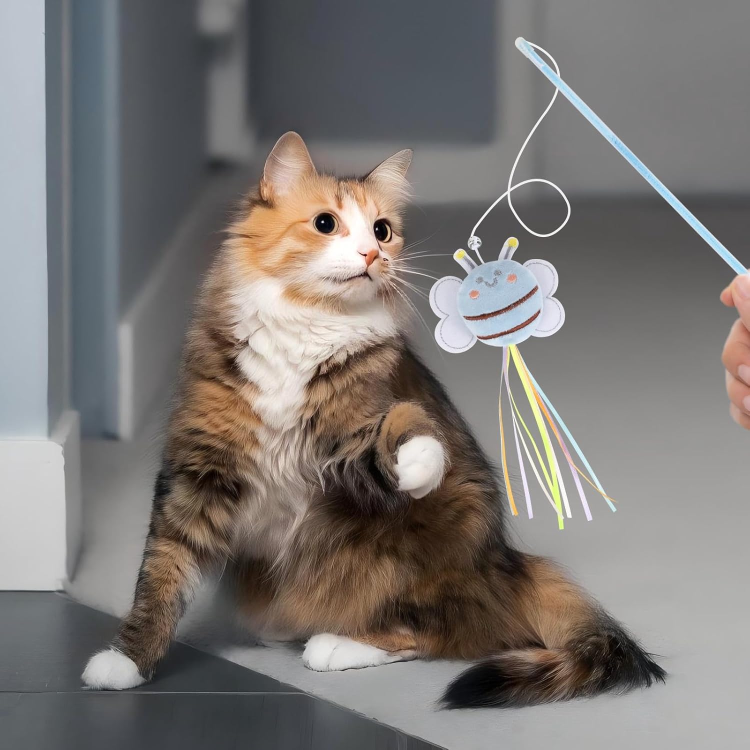 NOWFRESH Cat Wand Toy Set, 2 PCS Interactive Cat Teaser Wands with Cute Bee & Mouse Designs, Equipped with Bells and Streamers to Captivate Your Cat’s Attention - Happypetzone.online - Image 7