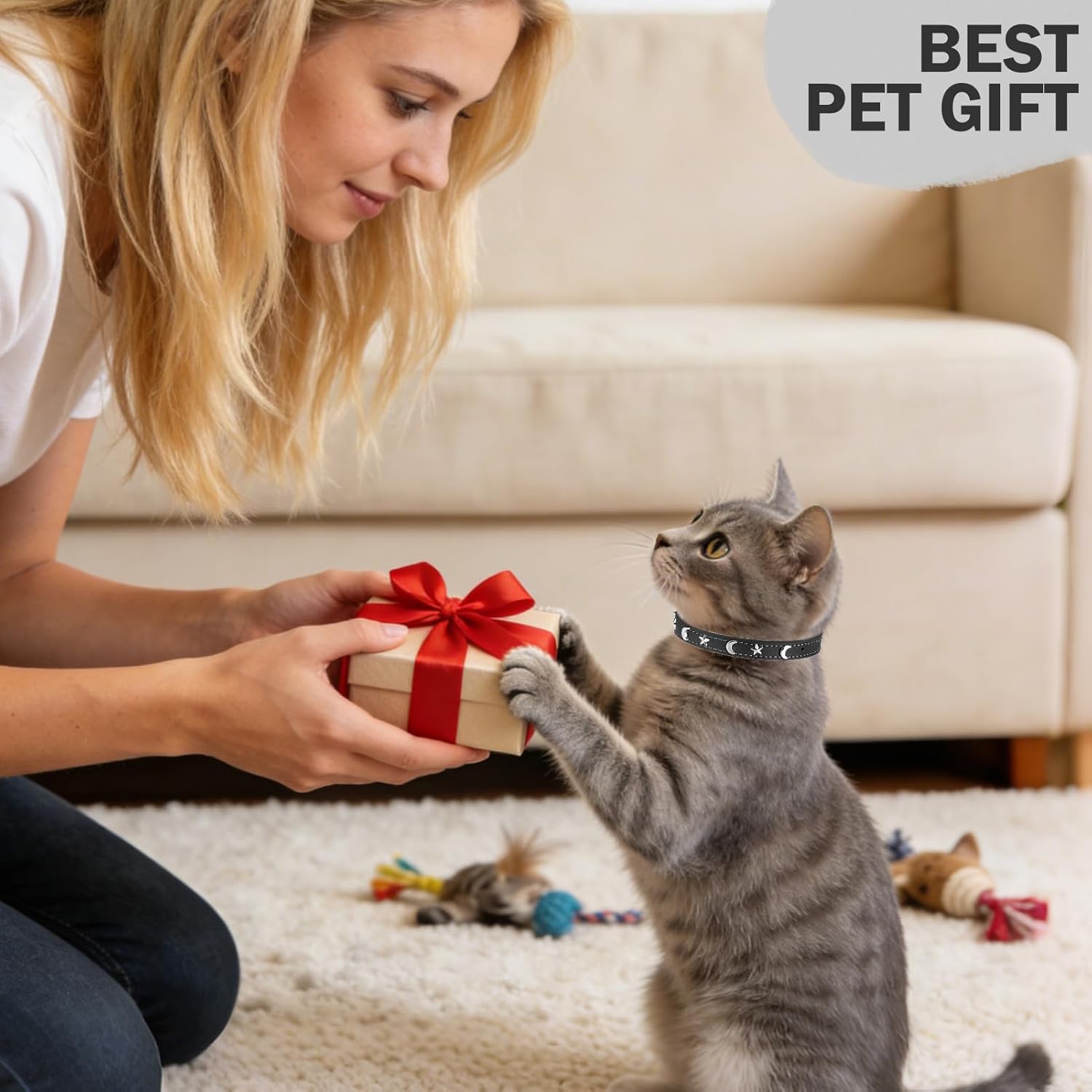 Leather Cat Collars for Boy Girl Cats with Bell and Safety Elastic Belt, Personalized Star and Moon Stud Adjustable Safe Buckle Collar for Kitty Small Big Cats Size 8-12 Inch, Black - Happypetzone.online - Image 6