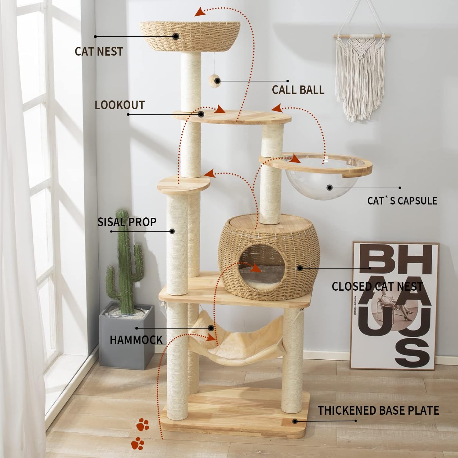 59" Big Modern Cat Tree Tower, Cat Tower Sisal-Covered Scratching Posts for Indoor Cats, Oak Wood Cat Tree for Large Cats, Multi-Level Cat Condo with Space Capsule Nest, Cat Furniture Activity Centre - Happypetzone.online - Image 2