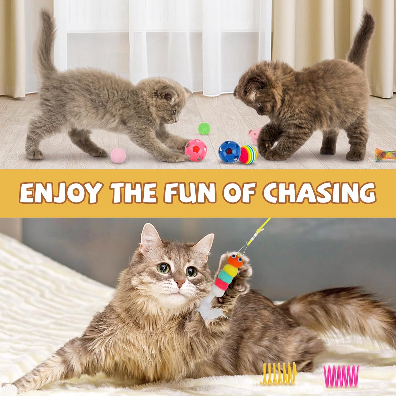QUOZUO Kitten Toys - 38PCS Cat Play Set, Sparkle Balls, Plush Pom Pom Balls, Hanging Door Toy, Gift Box Styles - Happypetzone.online - Image 6
