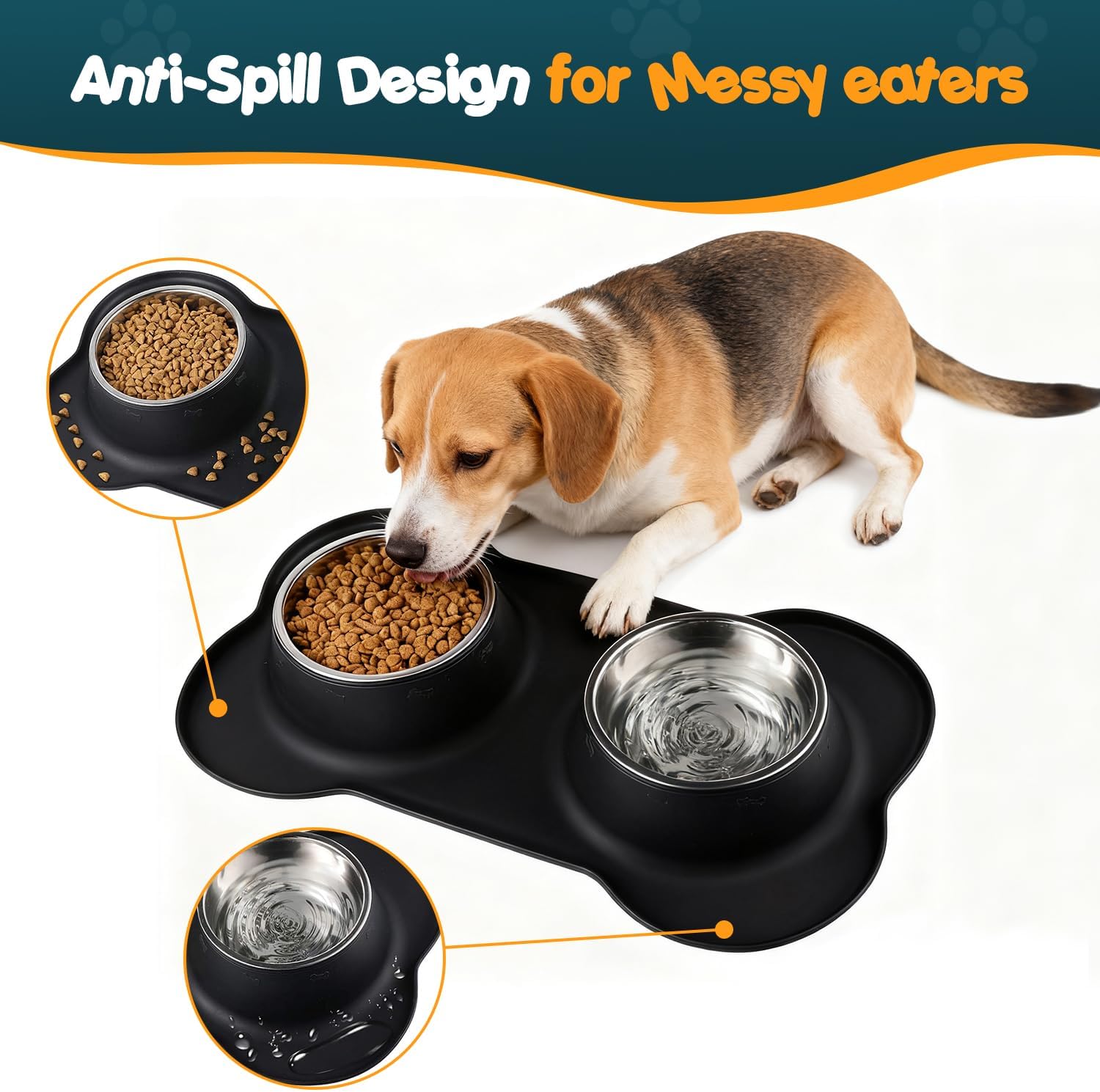 Bonve Pet Double Dog Food Bowls Stainless Steel & Water Dish with No-Spill and Non-Slip Silicone Mat, Removable Puppy Feeder Bowls for Small Medium Size Cat Dogs Kitten,14oz - Happypetzone.online - Image 5