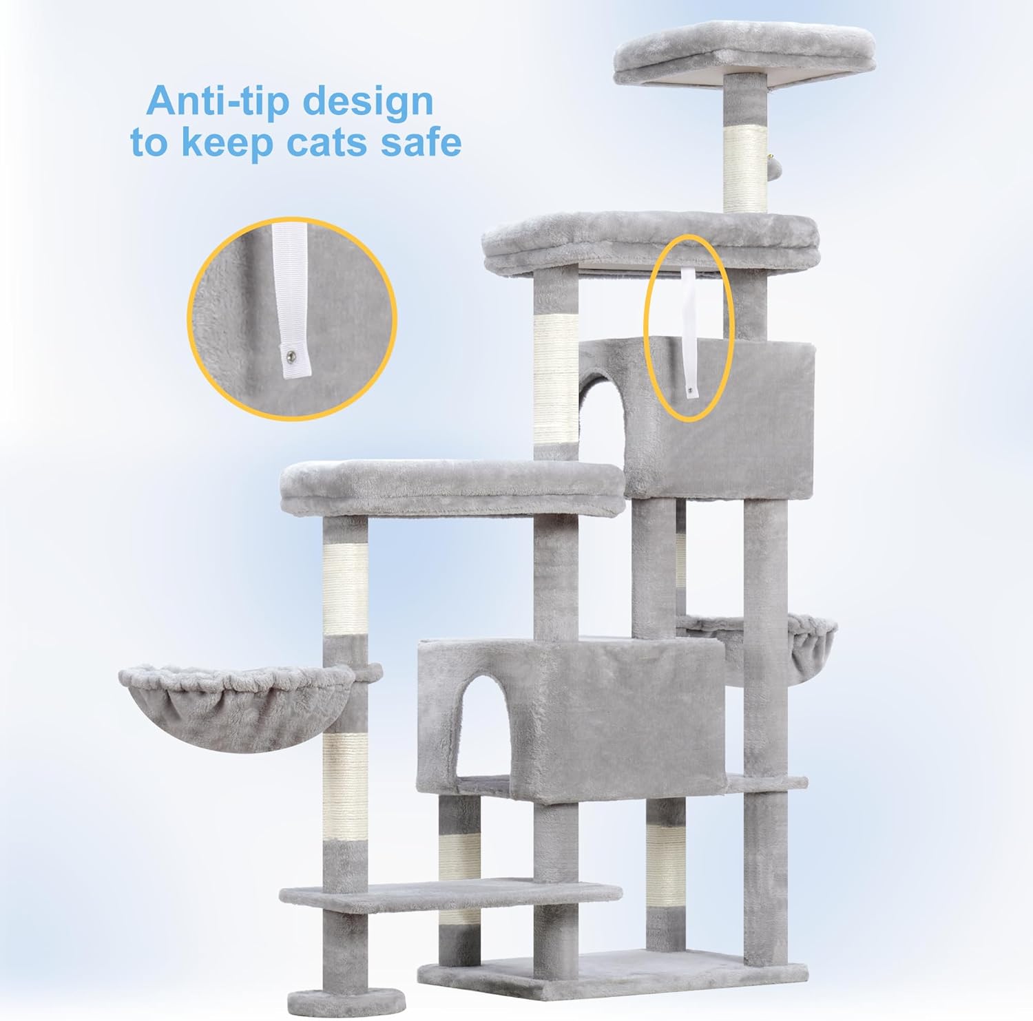 Hey-brother Cat Tree Tower, Scratching Posts with a Extended Part, Wide Platforms, Cozy Condos, Hammocks, Sisal Columns and Ball for Indoor Cats, 70.1 Inches, Light Gray MPJ038W - Happypetzone.online - Image 9