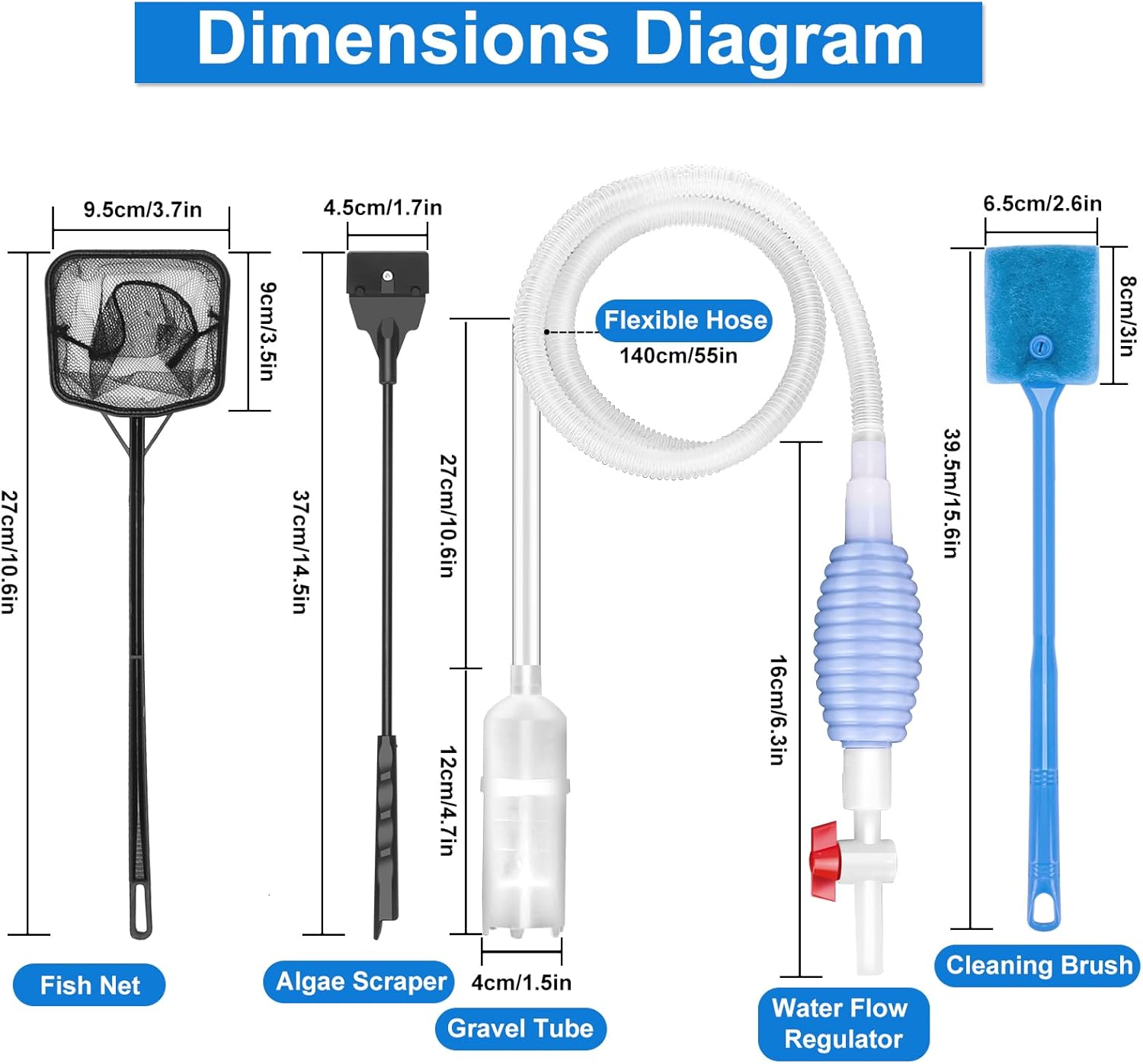 Fish Tank Cleaning Kit Set of 4 Pieces, Aquarium Siphon Algae Scraper Aquarium Net Algae Remover for Fish Tank, Aquarium Cleaner Vacuum Suitable for Changing Water and Cleaning Fish Tanks - Happypetzone.online - Image 2