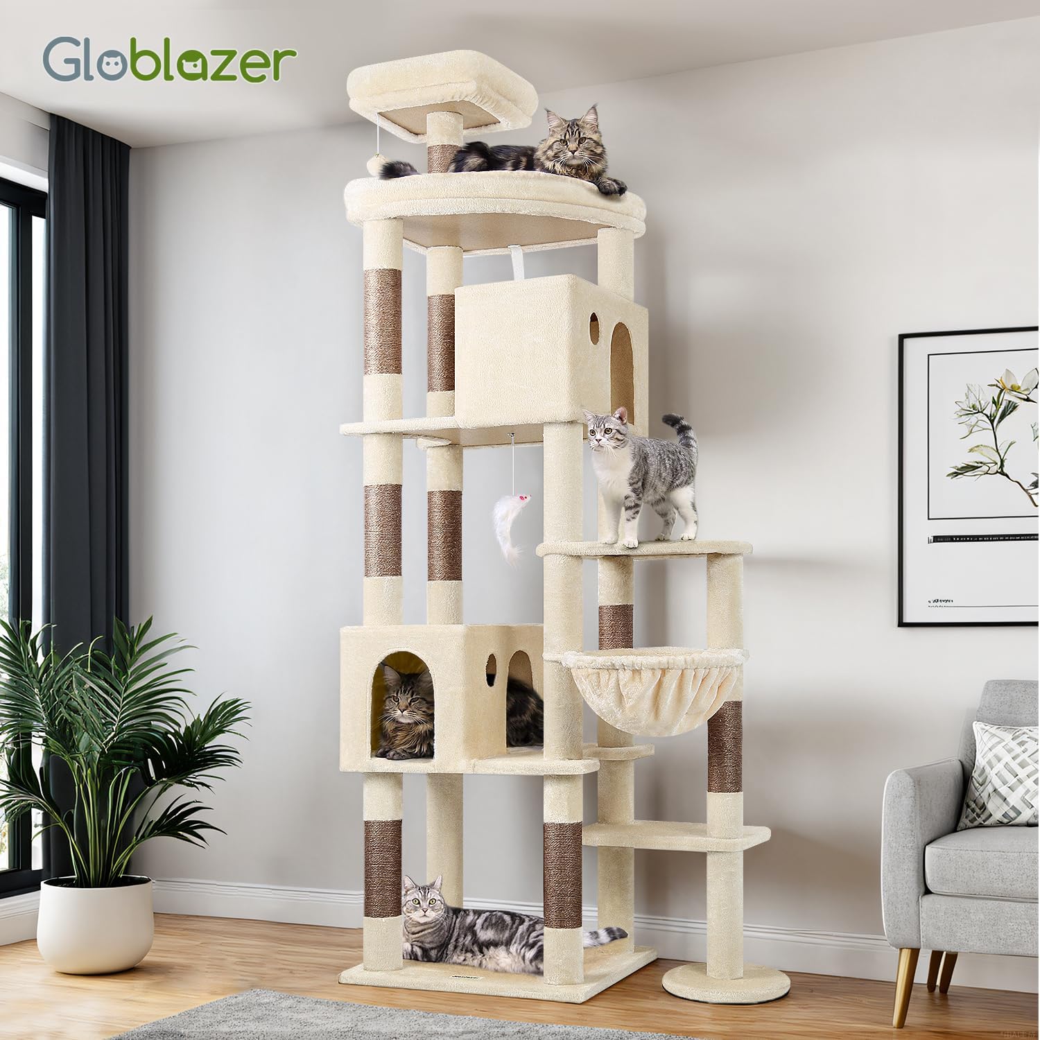 Globlazer Giant Cat Tree, 83 inch Cat Tree for Indoor Cats Large Adult, XXL Cat Tower with 9 Scratching Posts for 20lb+ Heavy Duty Large Adult Cats, F83, Beige - Happypetzone.online - Image 8