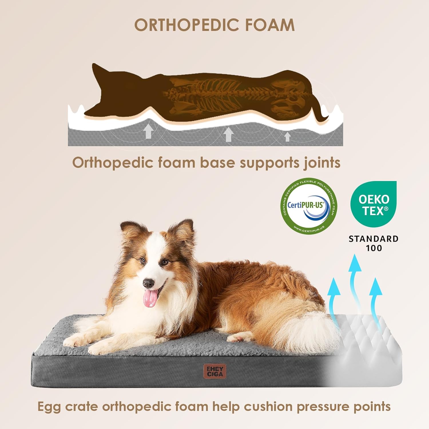 EHEYCIGA Orthopedic XL Dog Beds for Extra Large Dogs with Removable Washable Cover for Crate, Grey, 41x27 - Happypetzone.online - Image 2