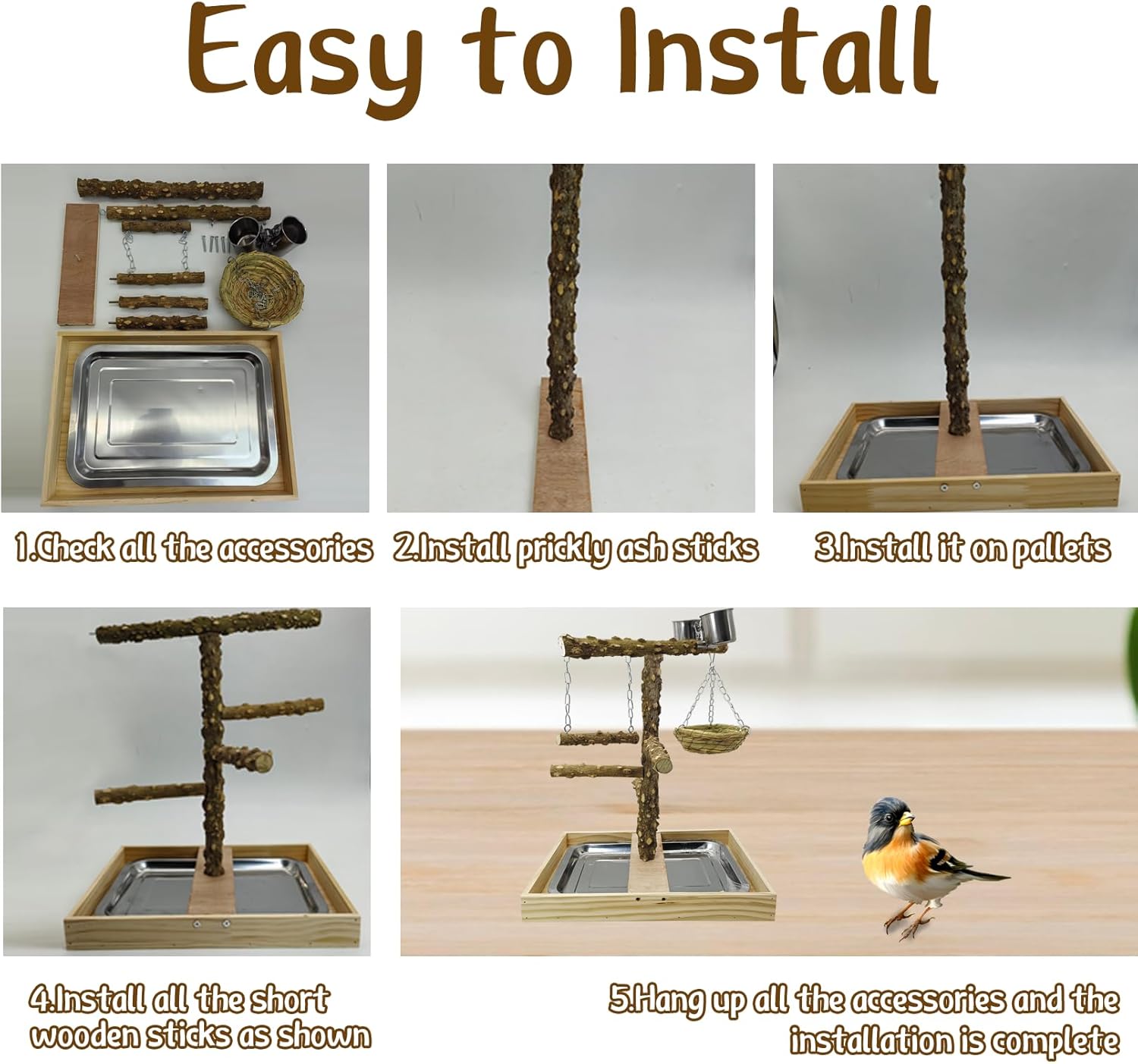 Tfwadmx Bird Perch Natural Wood Stand Toy Parrot Play Stand Platform and Hanging Bird Nests Bird Cage with Removable Tray and 2 Stainless Steel Cups for Parakeets Canaries Cockatiels Conure Lovebirds - Happypetzone.online - Image 4