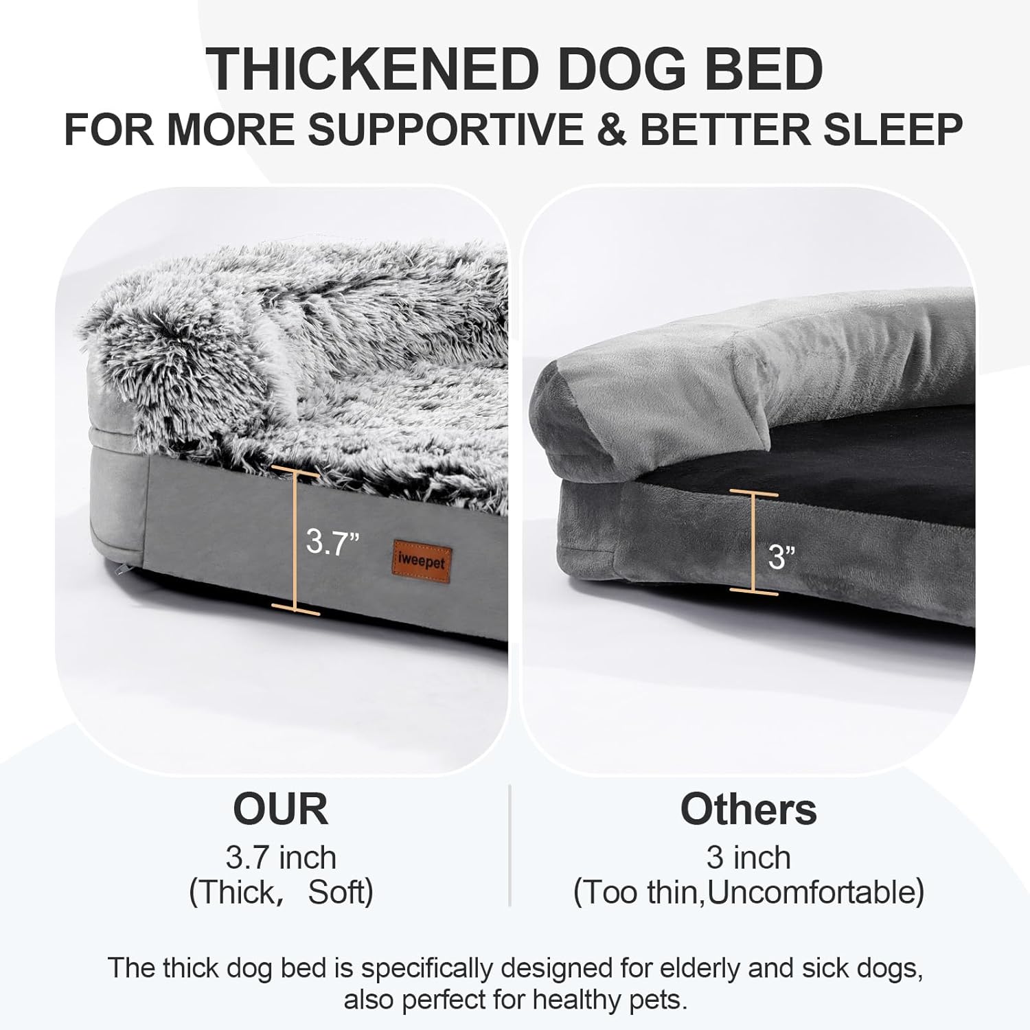 iweepet 3.7 inch Thickened Orthopedic Dog Beds for Extra Large Dogs, Fluffy Supportive Dog Sofa Bed with 28D Egg-Crate Foam, Removable Washable Cover, Waterproof Lining, Cozy Oval Design,Grey - Happypetzone.online - Image 4