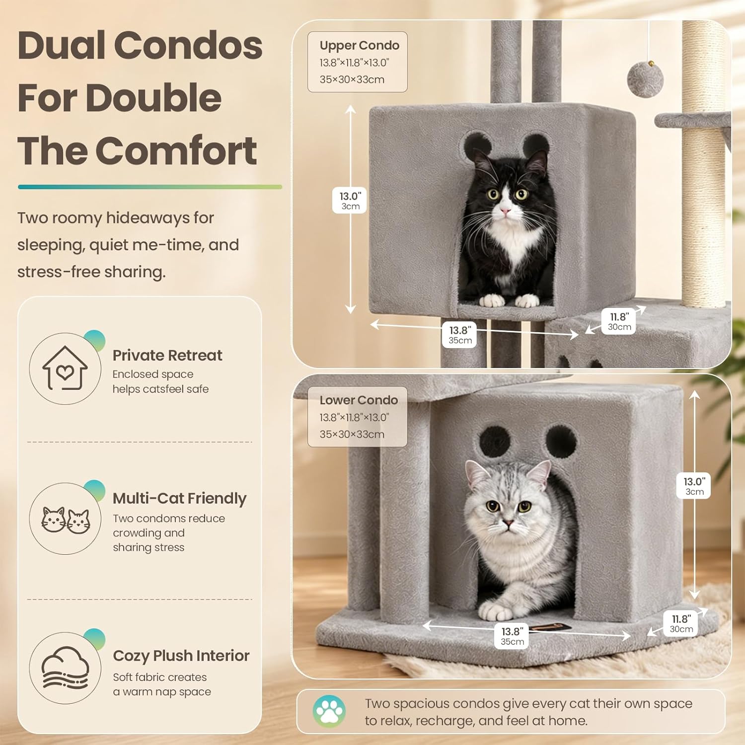 Small Cat Tree Tower for Indoor Cats, 40 in Medium Compact Adults Cat Beds Trees with 2 Condos, Sisal Scratching Post, Large Perch Platform, Multi-Level Kitty Kitten Climbing Stands House(Light Grey) - Happypetzone.online - Image 3