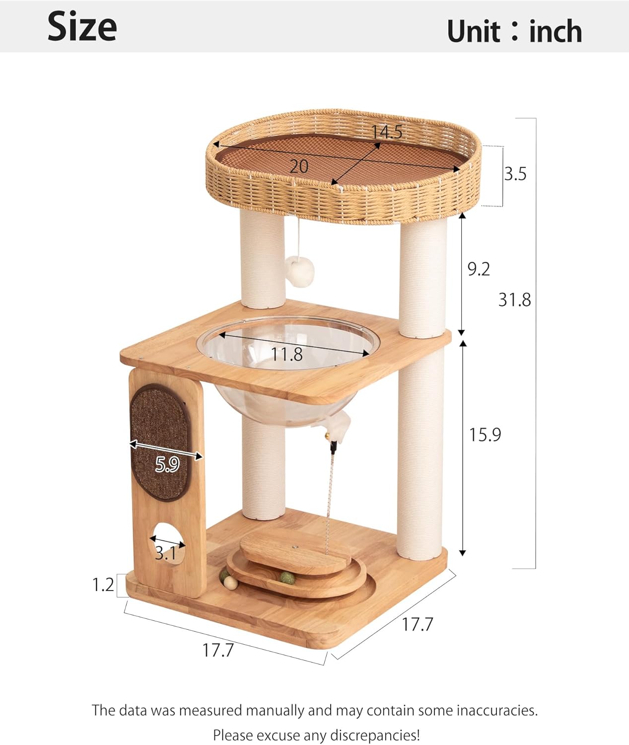 Wood Cat Tree for Large Cats, Modern Cat Tree Tower with Wide Shelves Cotton Scratching Posts, Super Sturdy Base, Cozy Perches, and Interactive Toys for Indoor Kittens 31-Inch - Happypetzone.online - Image 2
