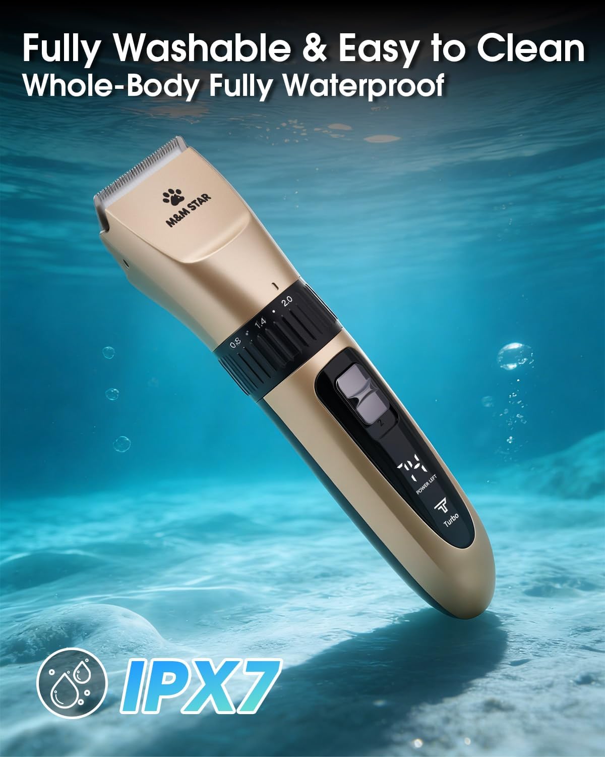 M&M STAR Dog Grooming Kit, Low Noise Dog Clippers, 2-Speed IPX7 Waterproof, Rechargeable Cordless Pet Hair Clippers Trimmer Shaver with LED Display for Small Large Dogs Cats, Gold - Happypetzone.online - Image 8
