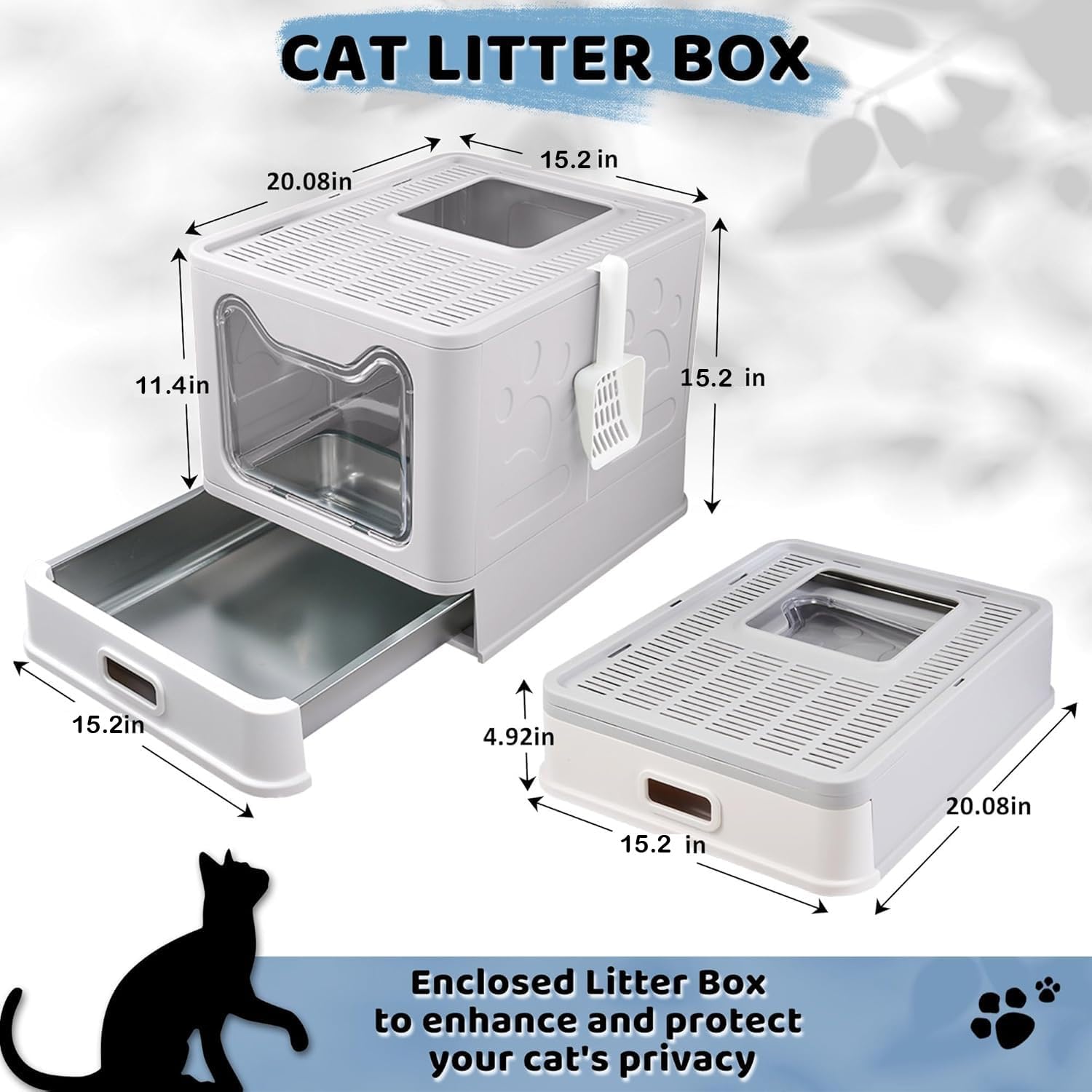 Enclosed Cat Litter Box with Lid Top Exit Covered Metal Stainless Steel Litter Box Leak Proof & Odorless Easy to Clean Including Cat Litter Scoop and Litter Mat - Happypetzone.online - Image 3