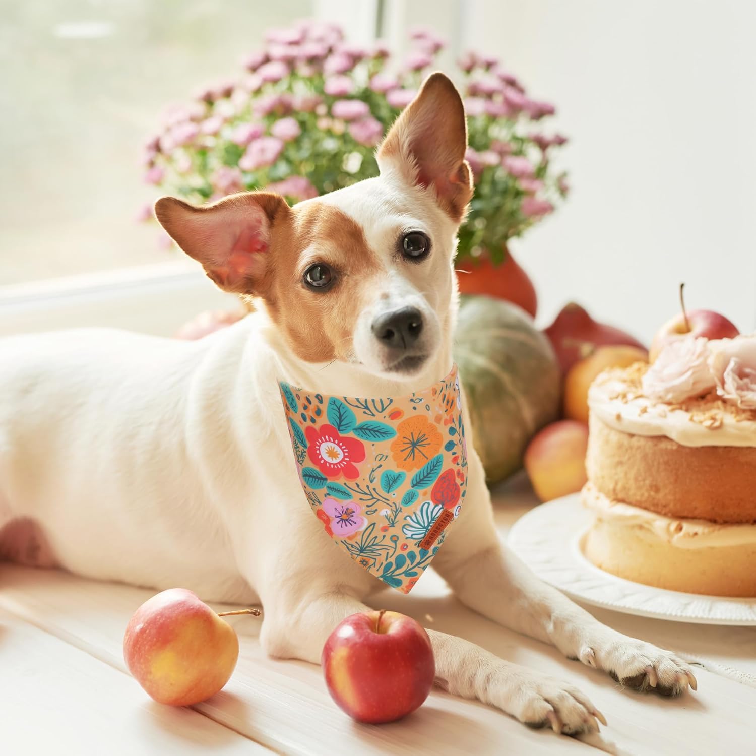 ADOGGYGO Floral Dog Bandana, Orange Green Flower Pet Scarf, Adjustable Fit Floral Bandanas for Medium Large Dogs Pets (Large) - Happypetzone.online - Image 2