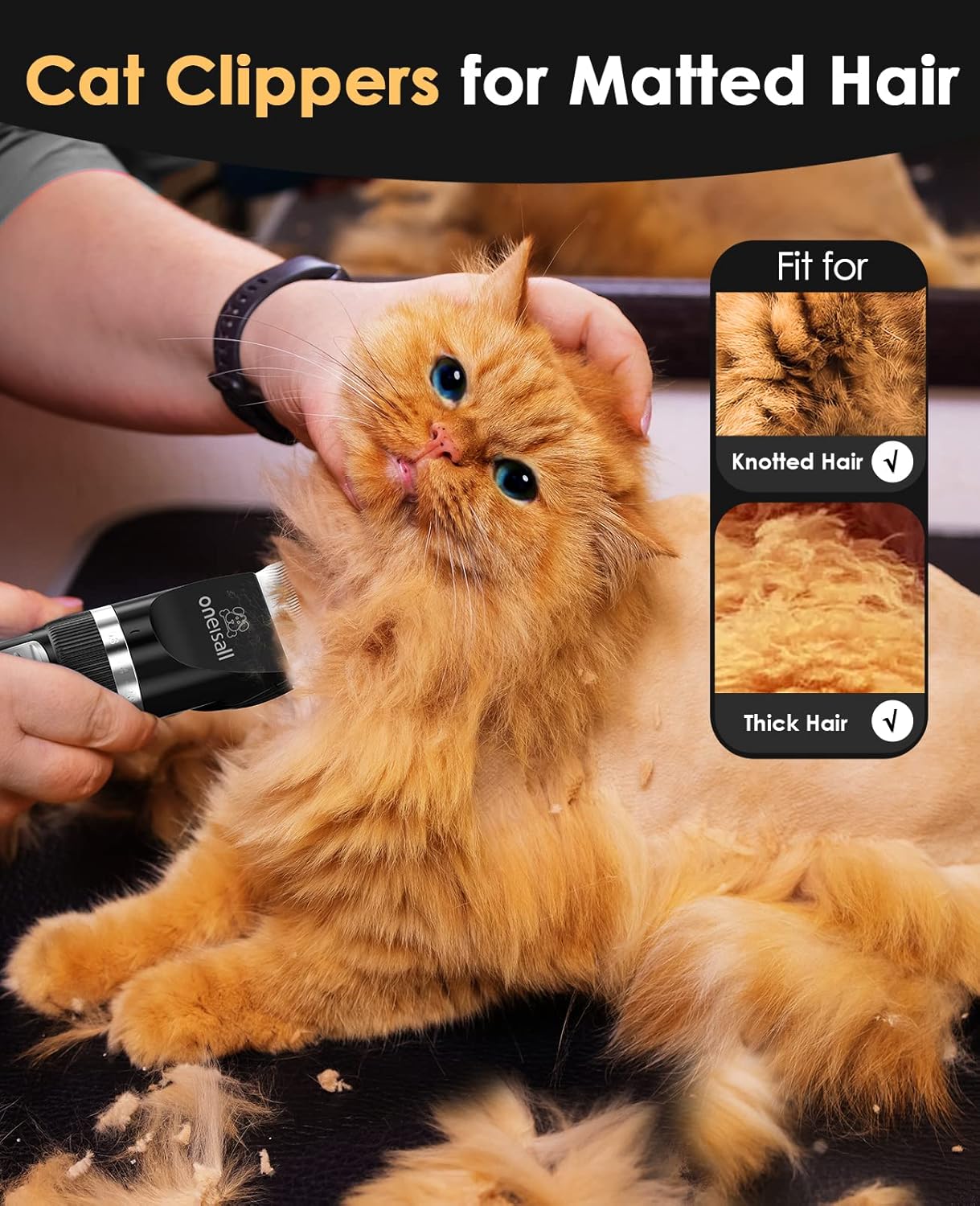 oneisall Quiet Cat Clippers for Matted & Long Hair, 2-Speed Cordless Pet Shaver Grooming Kit for Cats, Small Dogs & Animals (Black) - Happypetzone.online - Image 2