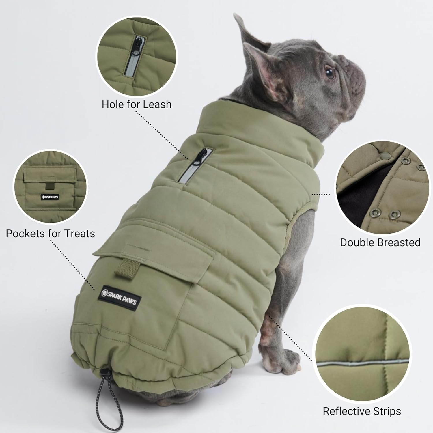 Spark Paws Dog Winter Jacket, Water-Resistant Coat, Warm Reflective Windproof Fleece-Interior, for Medium and Large Dogs - Olive - L - Happypetzone.online - Image 3