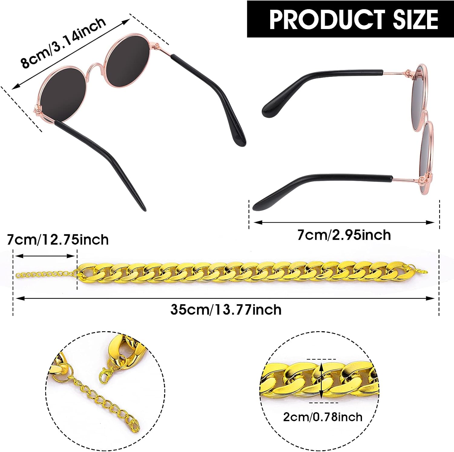 Molain Cat Sunglasses Gold Chain Costume Decorations- Cat UV Protection Classic Retro Puppy Retro Black Sunglasses Faux Gold Adjustable Chain Cosplay Costume Cool Funny Photo Props - Happypetzone.online - Image 2