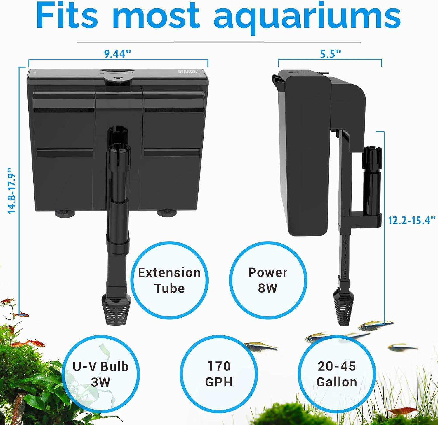 U-V Aquarium Filter for 30-45 Gallon Tank,Hang On Back Aquarium Filter Green Water Cleaning Machine,HOB Filter Ultra-Quiet Powerful Pump 170GPH for Fish Turtle Tank with Surface Skimme - Happypetzone.online - Image 2