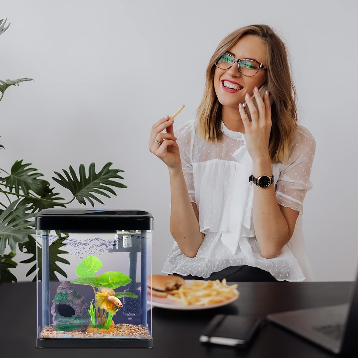 Betta Fish Tank Self Cleaning Glass 2 Gallon Small Nano Aquarium Starter Kits Desktop Room Decor w/LED Light Decorations & Whisper Filters Water Pump (Fish Tank) - Happypetzone.online - Image 6