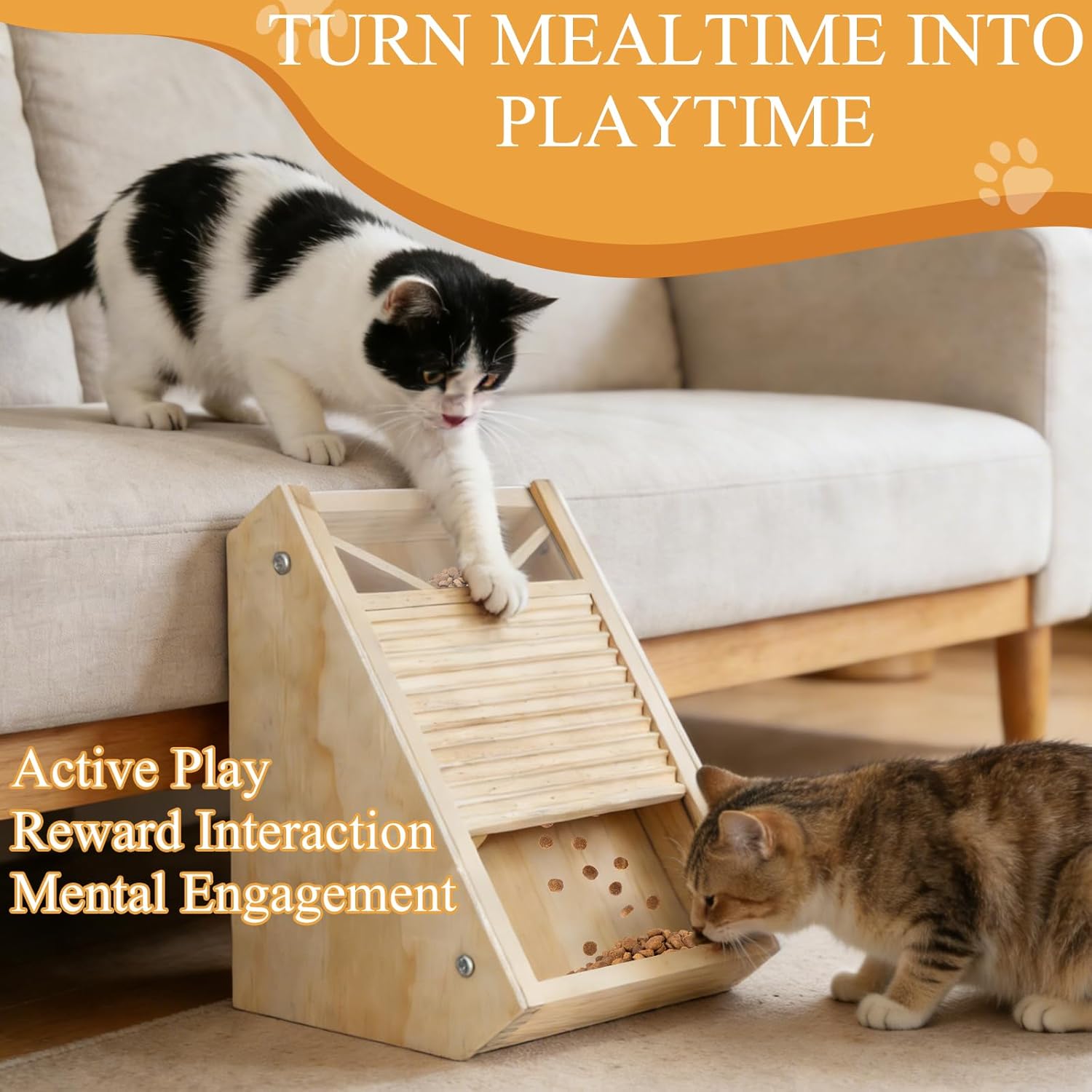 Interactive Cat Treat Toy – Wooden Food Dispensing Cat Toy for Indoor Cats, Paw-Activated Reward Feeder, Cat Enrichment & Puzzle Toy for Mental Stimulation (Pine) - Happypetzone.online - Image 3