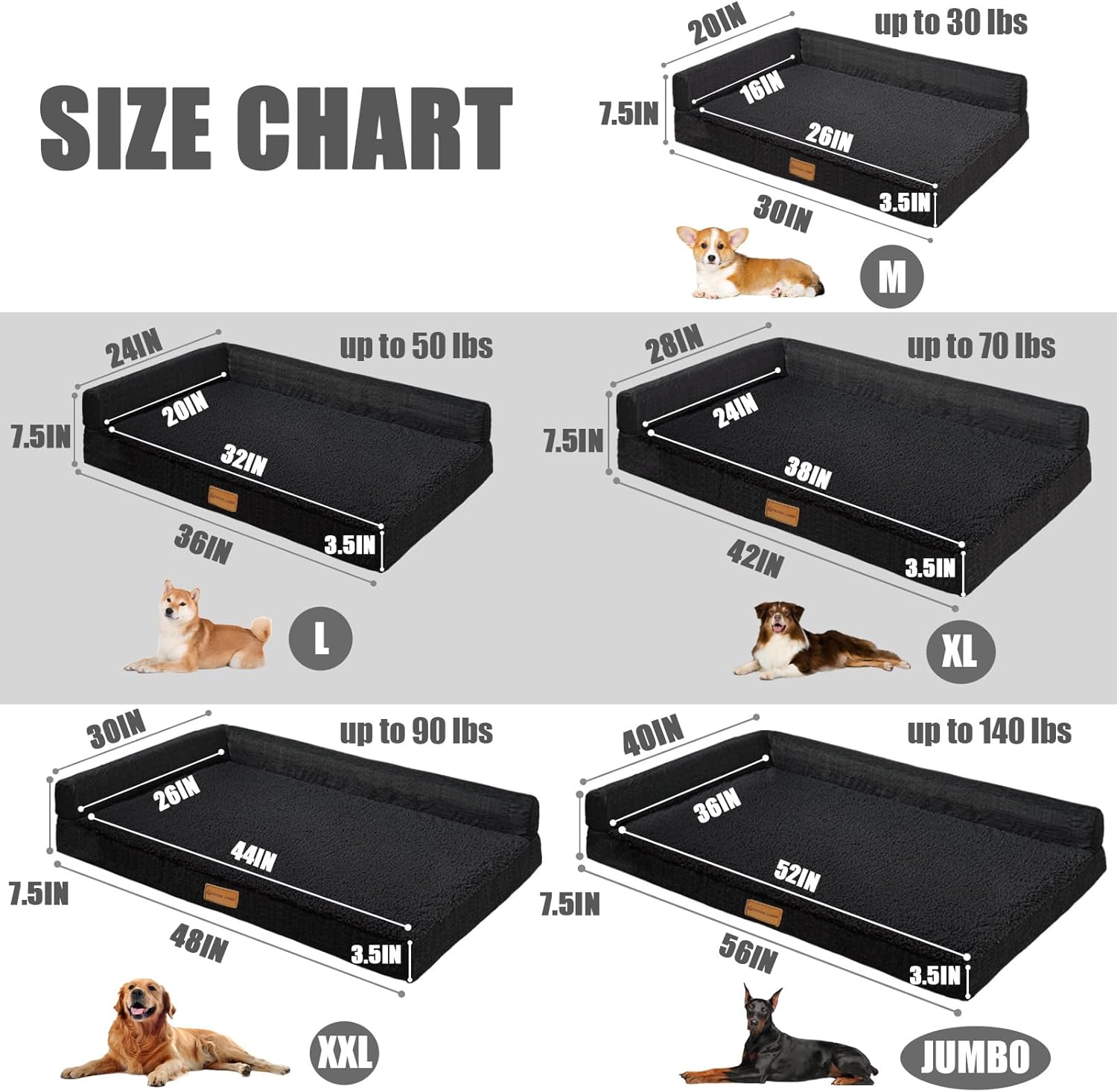 Patas Lague Orthopedic Dog Bed Large Sized Dog 36''X24'', Waterproof L Bolster Medium Pet Sofa Beds with Removable Washable Cover, Soft Comfortable Pet Couch Crate Mat with Nonskid Bottom, Black - Happypetzone.online - Image 5