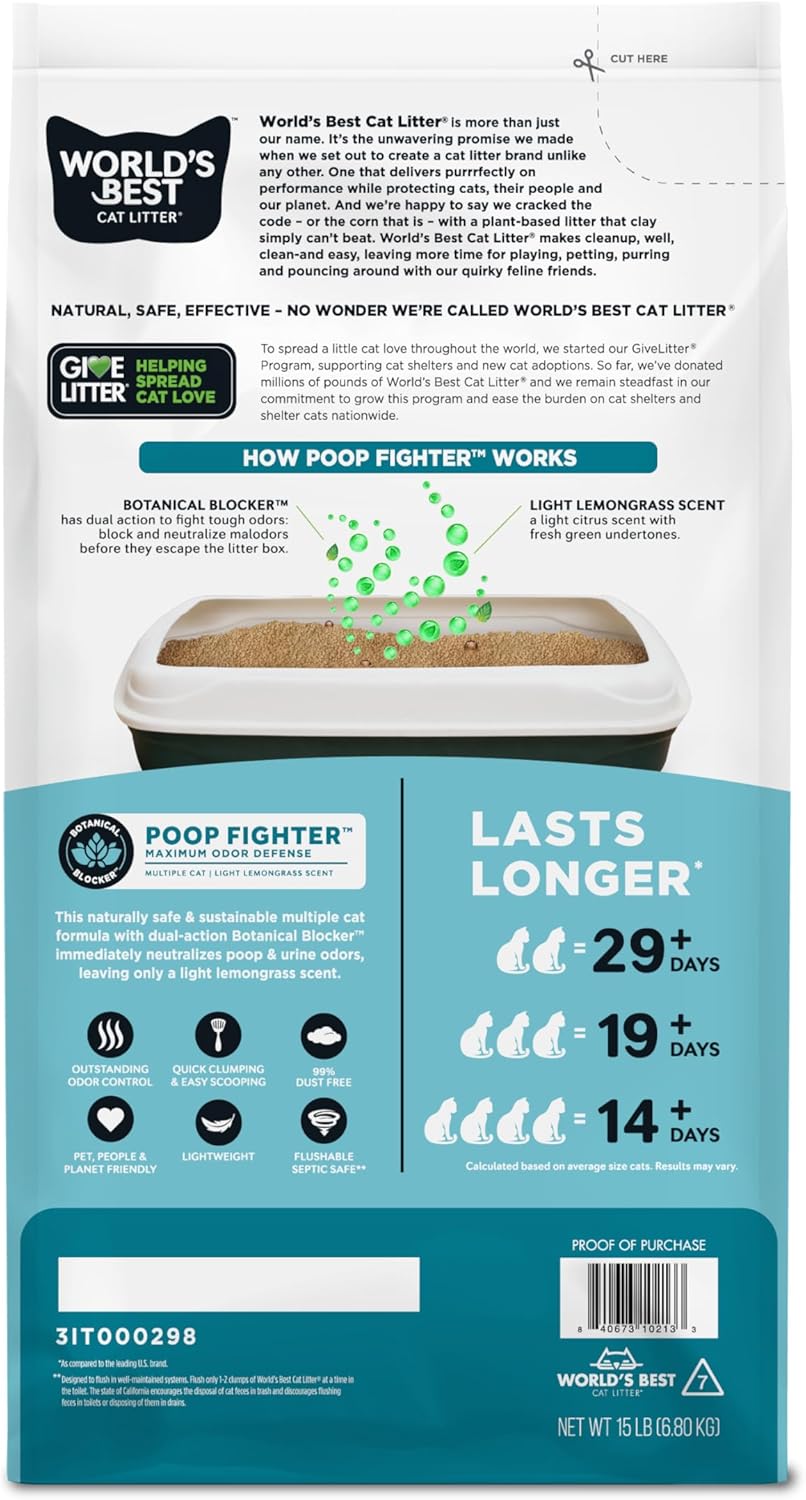 WORLD'S BEST CAT LITTER Poop Fighter Maximum Odor Defense, 15-Pounds - Natural Ingredients, Quick Clumping, Flushable, 99% Dust Free & Made in USA - Long-Lasting Odor Control & Easy Scooping - Happypetzone.online - Image 2