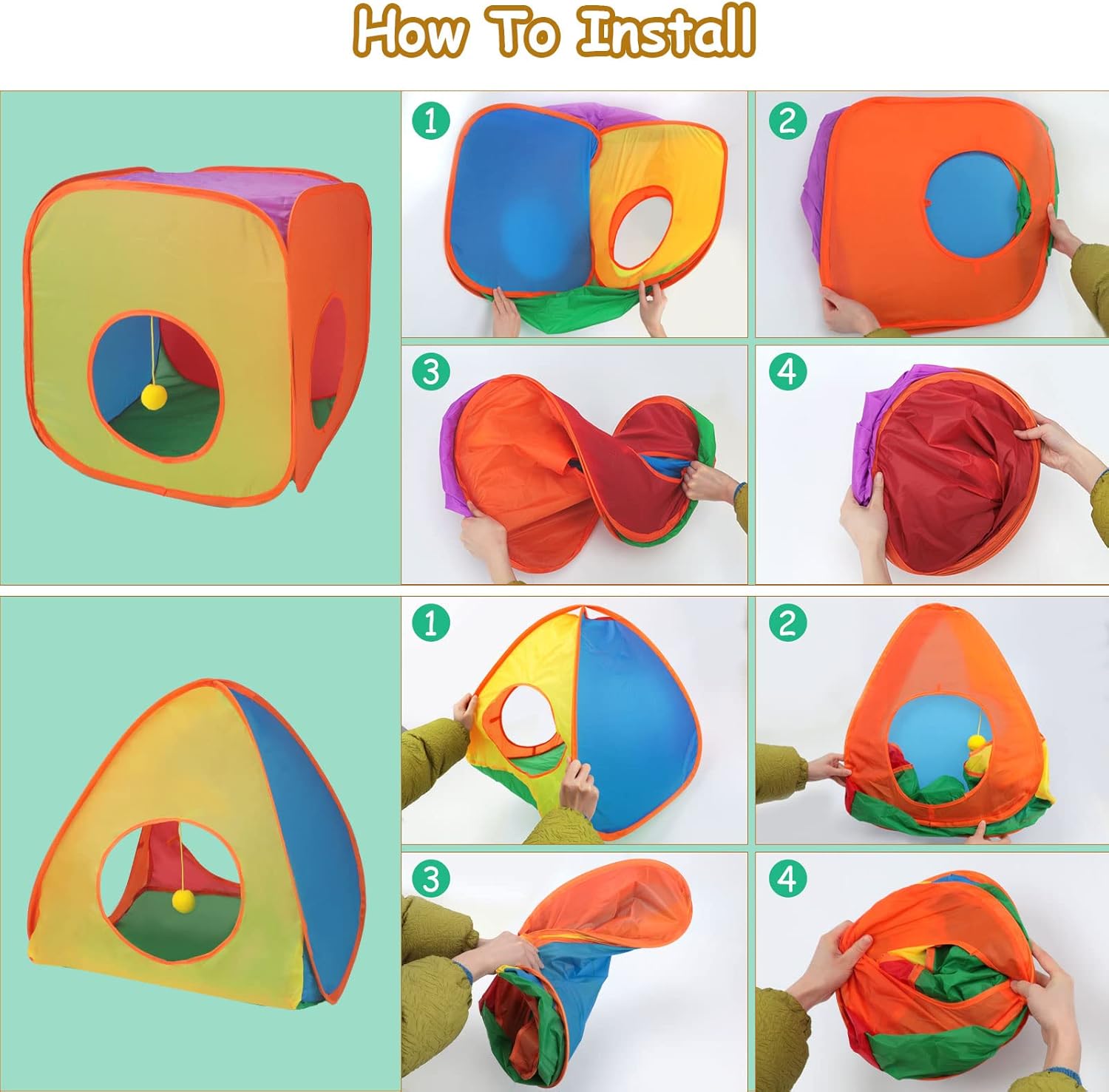 YUEPET Rabbit Tunnel and Cube Collapsible Tent Bunny Interactive Crinkle Tunnel Toys Small Animal Hideout with Play Ball for Dwarf Rabbit Bunny Guinea Pig (Rainbow) - Happypetzone.online - Image 7