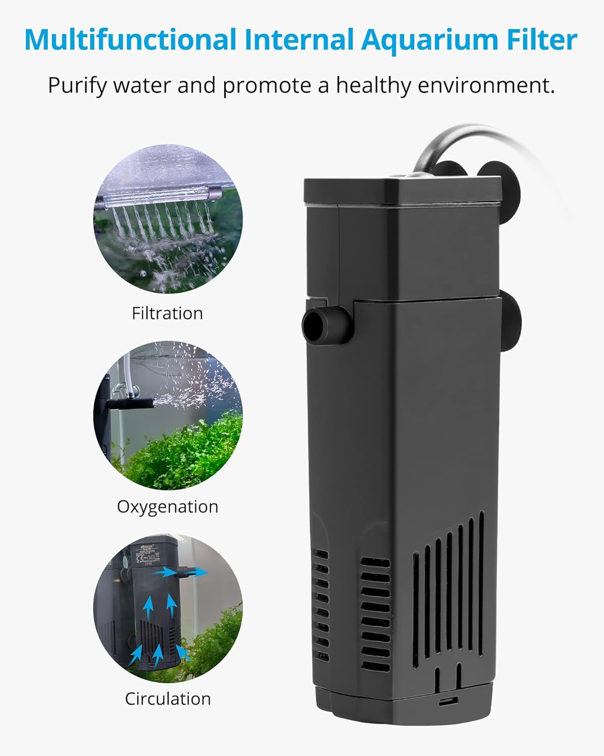 NICREW Aquarium Internal Filter, Submersible Power Filter with Multiple Function for Fish Tanks 2 to 5 Gallon, 40 GPH, 3.5W - Happypetzone.online - Image 2