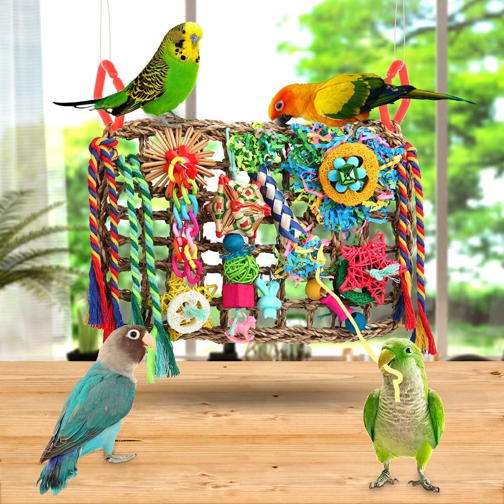 Foraging Toys for Parakeets Cockatiel Conures Lovebirds - Seagrass Wall with Various Bird Toys - Happypetzone.online - Image 2