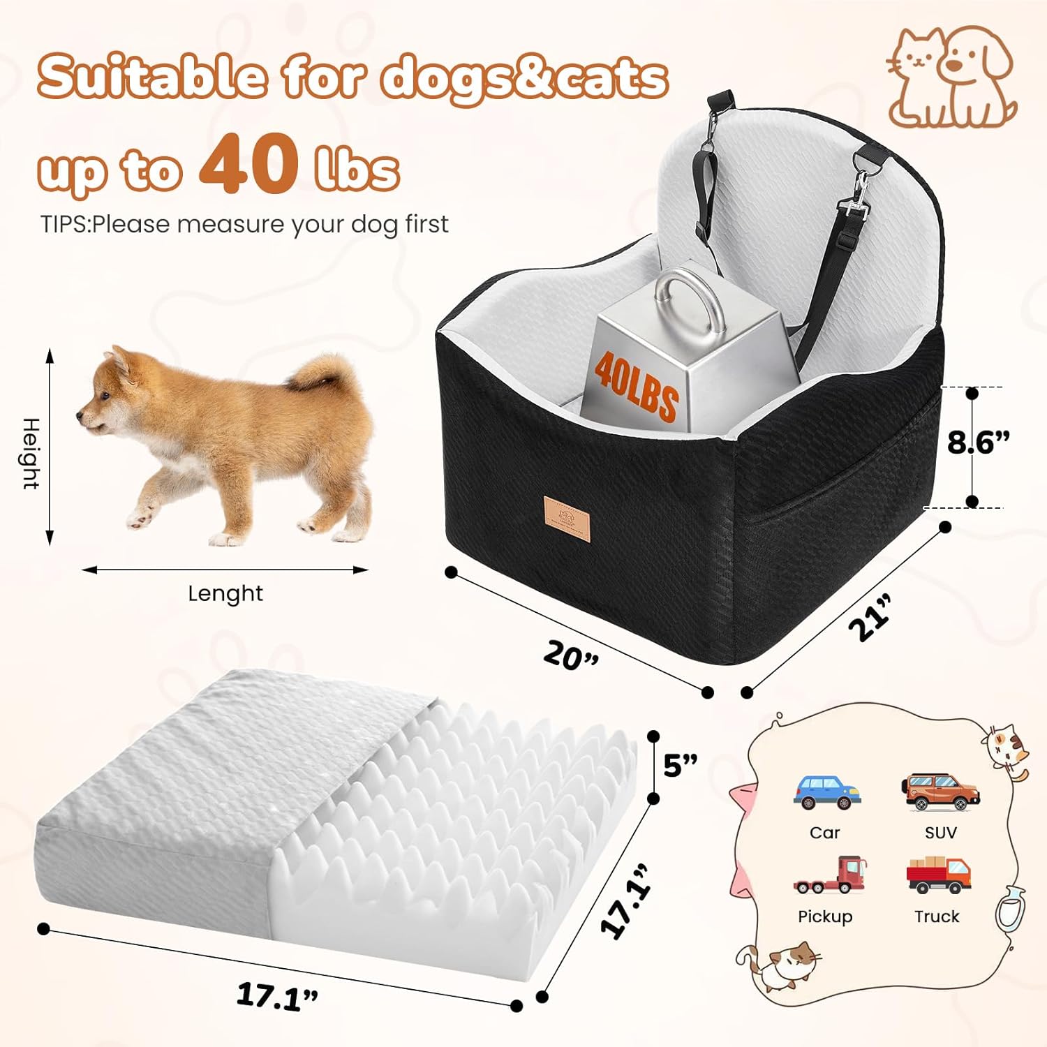 Dog Car Seat for Medium/Small Dogs, Dog Booster Car Seat, Pet Booster Seats Up to 40lbs with Waterproof Layer, 3 Storage Pockets and Safety Belt (Black/Grey) - Happypetzone.online - Image 5