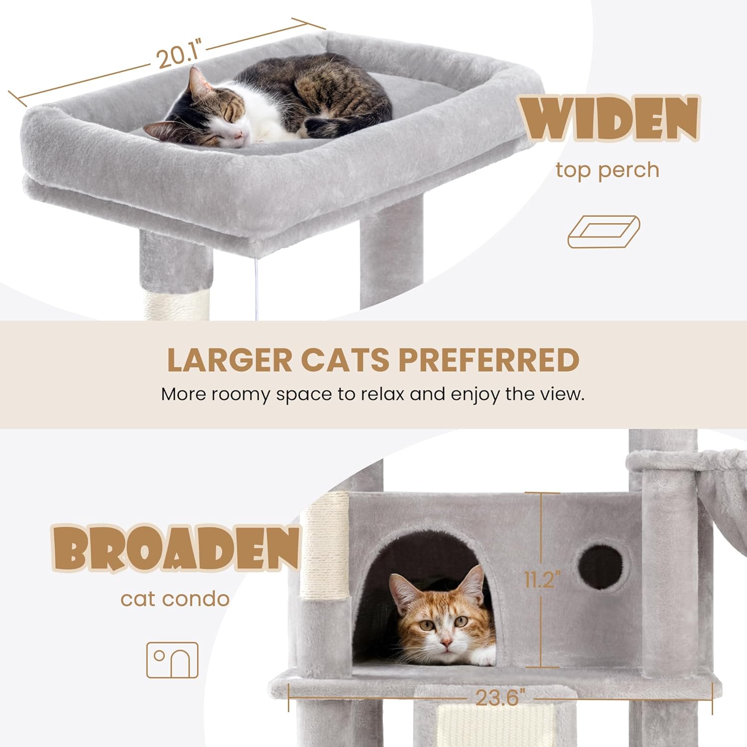 SHA CERLIN 81in Multi-Level Tall Cat Tree Tower for Indoor Kitties/Larger Cat Condo Furniture with Hammock/Cozy Pussycat Perches/Sisal Scratching Posts/Pet House/Wide Base/Grey - Happypetzone.online - Image 5