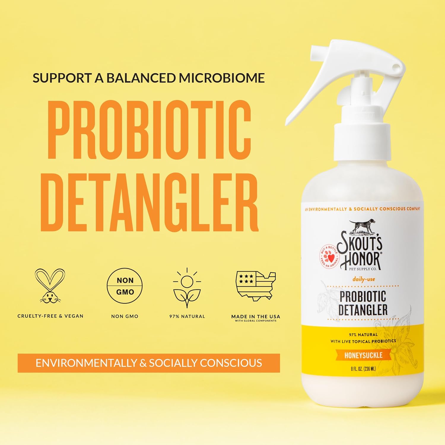 Skout's Honor Probiotic Pet Detangler Spray - Hydrating & Conditioning w/Avocado Oil, 97% Natural, Paraben & Sulfate-Free, softens for a More brushable Coat, Daily Use, 8oz, Honeysuckle - Happypetzone.online - Image 2