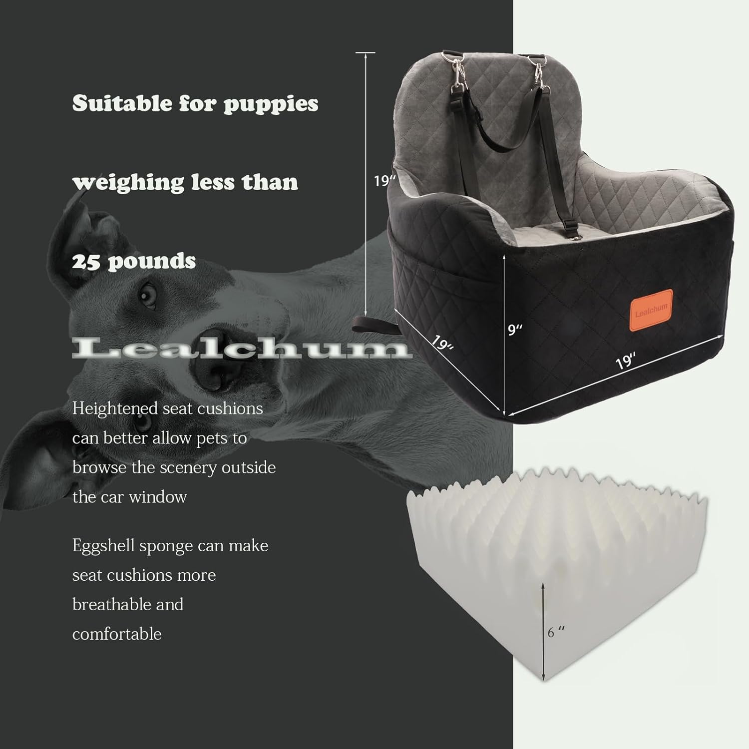 Lealchum Dog Booster Car Seat for S/M Dogs Up to 35lbs,Soft 6in Elevated Cushion,Fits in Front/Back Seat,Fully Detachable and Washable,2 Storage Pockets & 3 Straps,Easy to Install (Black/Brown,Medium) - Happypetzone.online - Image 2