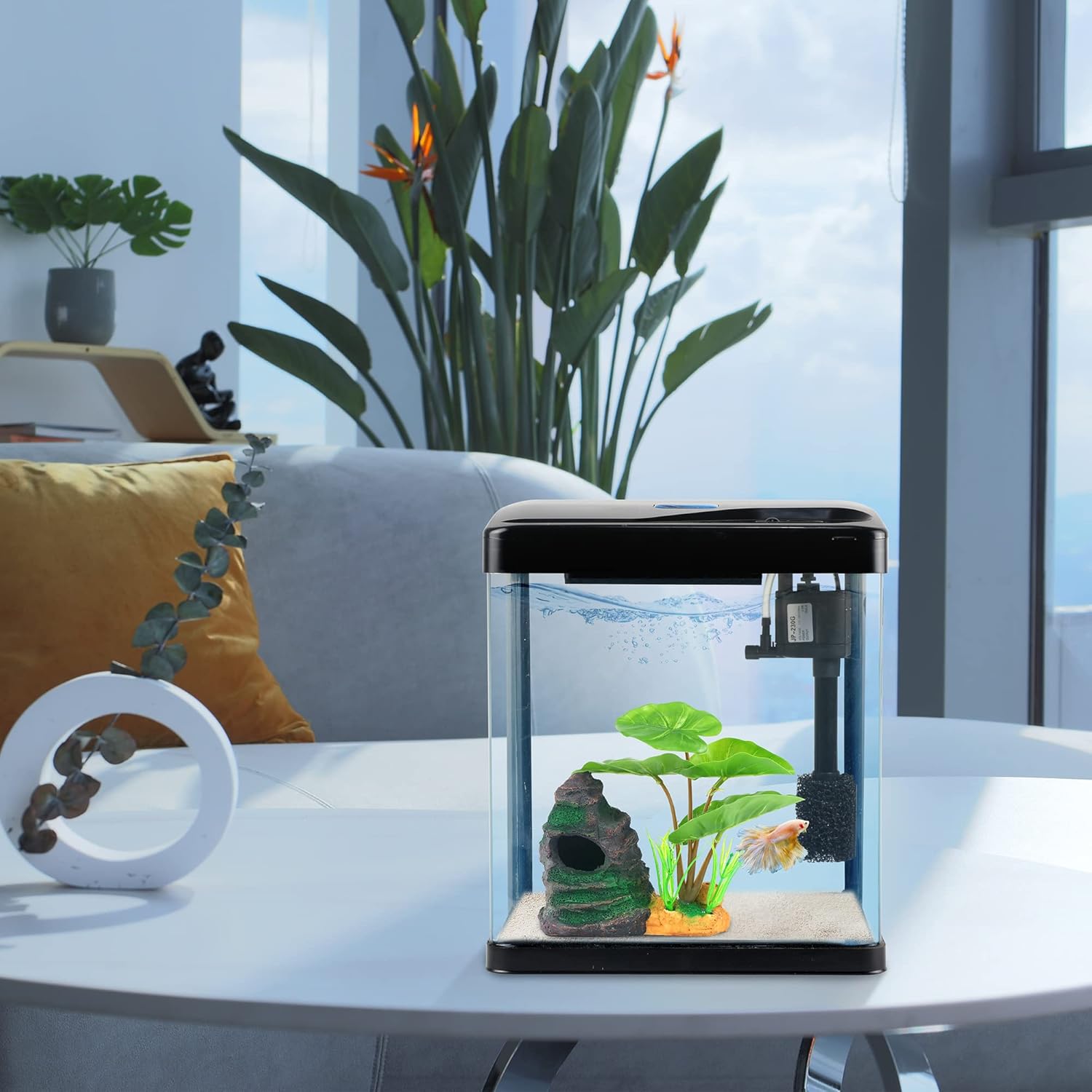 Betta Fish Tank Self Cleaning Glass 2 Gallon Small Nano Aquarium Starter Kits Desktop Room Decor w/LED Light Decorations & Whisper Filters Water Pump (Fish Tank) - Happypetzone.online - Image 3