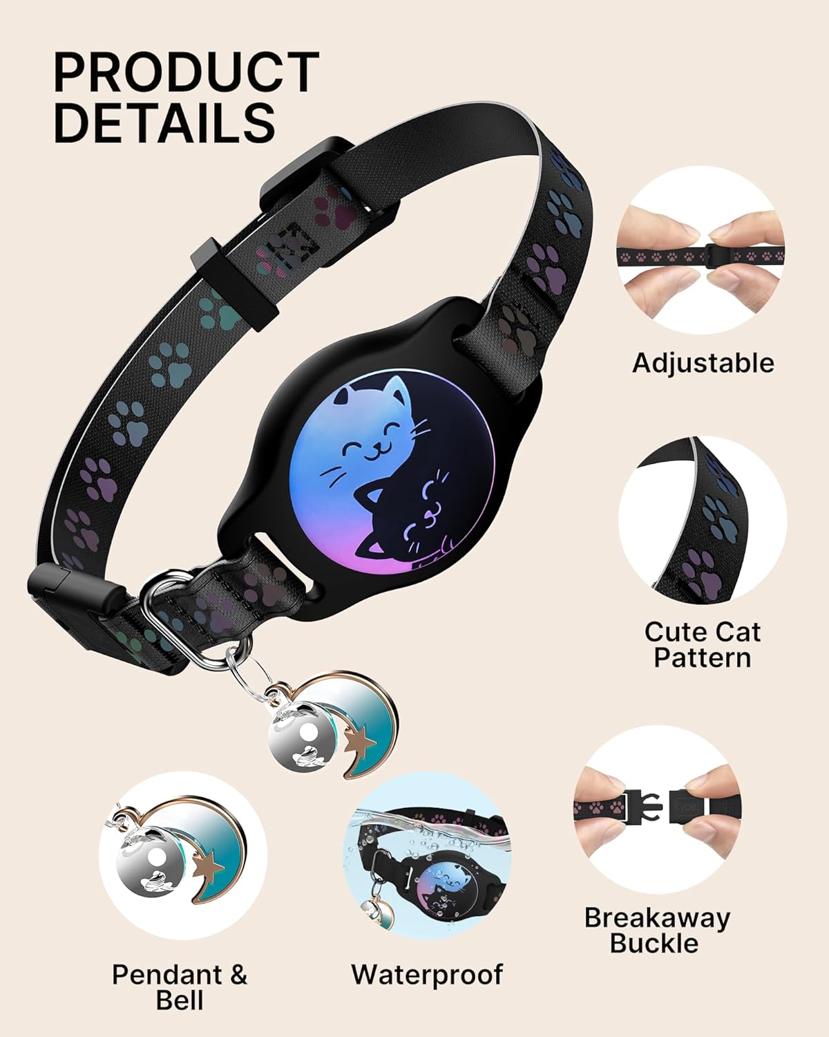 Cat Collar with Airtag Holder, 2 Pack Waterproof Breakaway Kitten Collar for Apple AirTag GPS Tracker, Adjustable Cat Collar with Buckle, Bell & Reflective Pattern for Cats, Kittens, Black (8-11") - Happypetzone.online - Image 3
