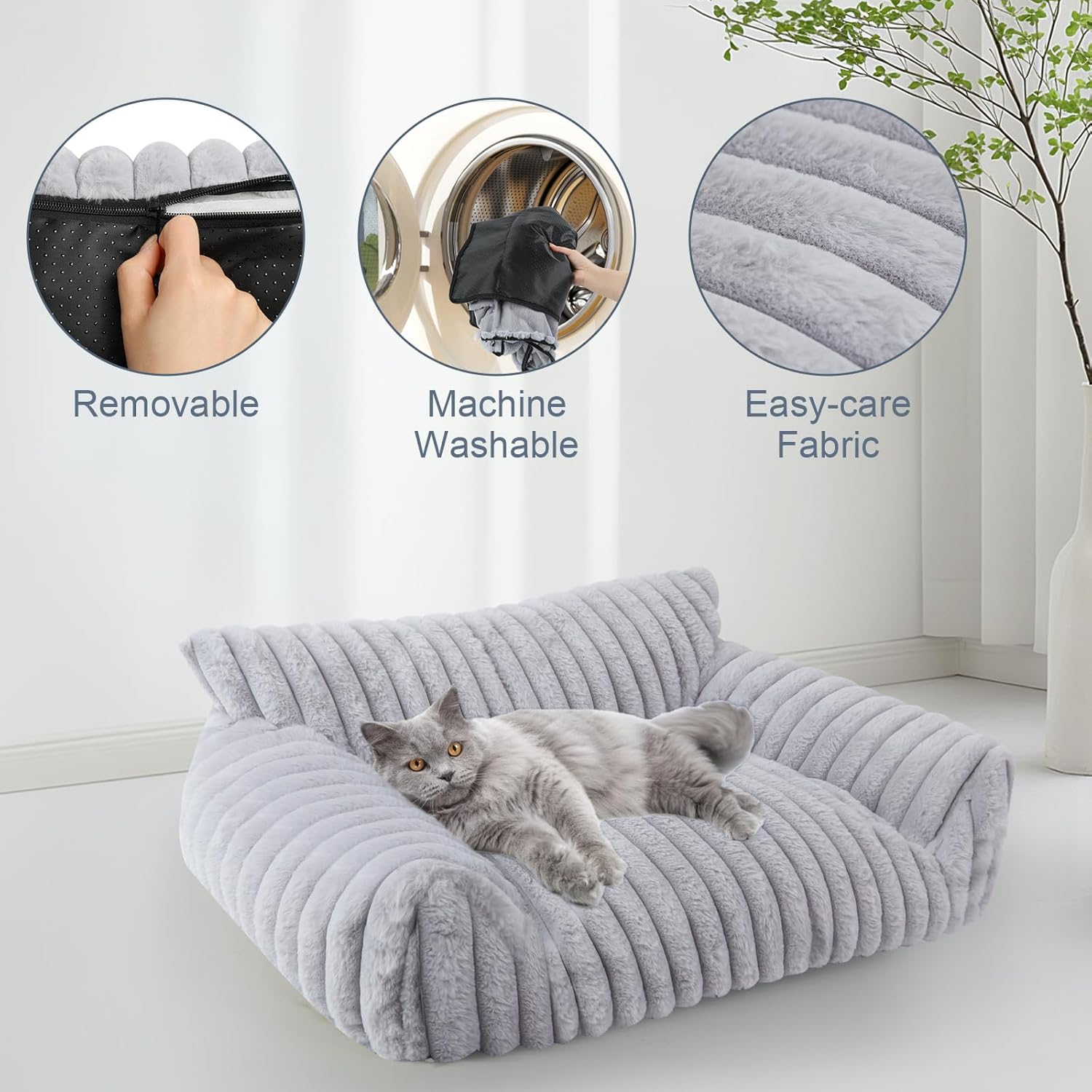 Cute Cat Couch Bed for Indoor Cats, Fluffy Pet Cat Sofa with Premium Soft Corduroy Fleece, Cute Small Dog Beds for Small Dogs, Fuzzy Puppy Chair with Removable Washable Cover (30x20x10,Grey) - Happypetzone.online - Image 7