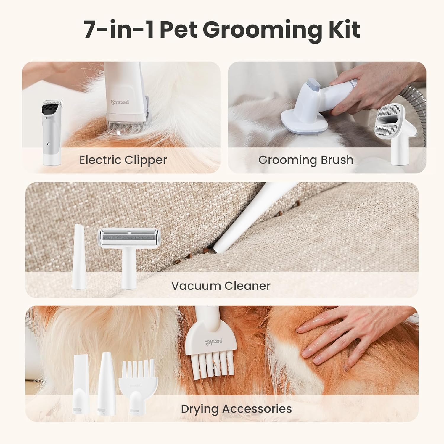 Pecute Dog Grooming Vacuum & Dryer, 7-in-1 Pet Grooming Kit with Clipper, 10000Pa Dog Vacuum for Shedding Grooming, Adjustable Speed & Temp, 55dB Low Noise,1.7L Dust Cup - Happypetzone.online - Image 3