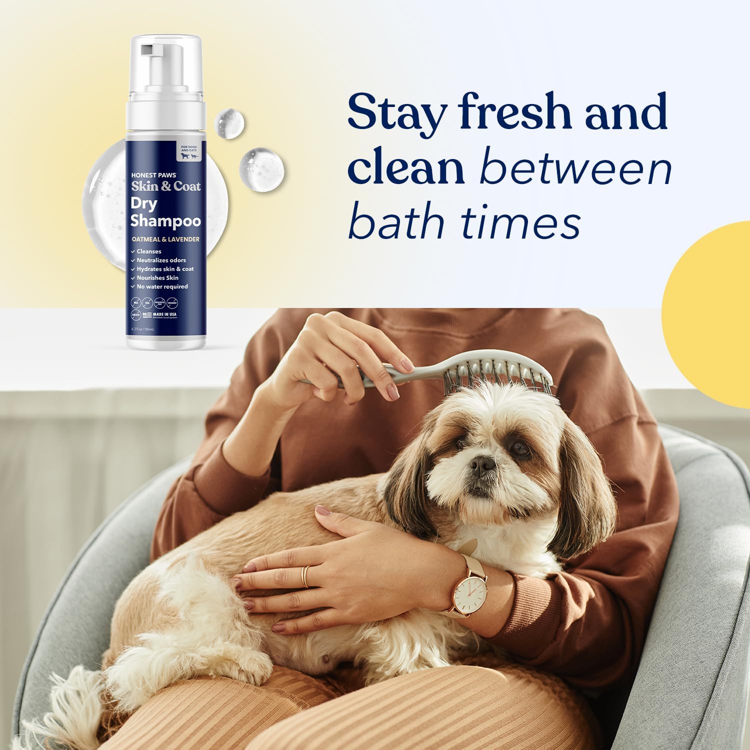 Honest Paws Dog Dry Shampoo - Waterless No Rinse Foaming Formula Reducing Itch Cleanse Hydrate Nourish Dry Skin and Smelly Coat Help Decrease Odor Shedding and Allergies - Oatmeal & Lavender - 6.3 oz - Happypetzone.online - Image 8