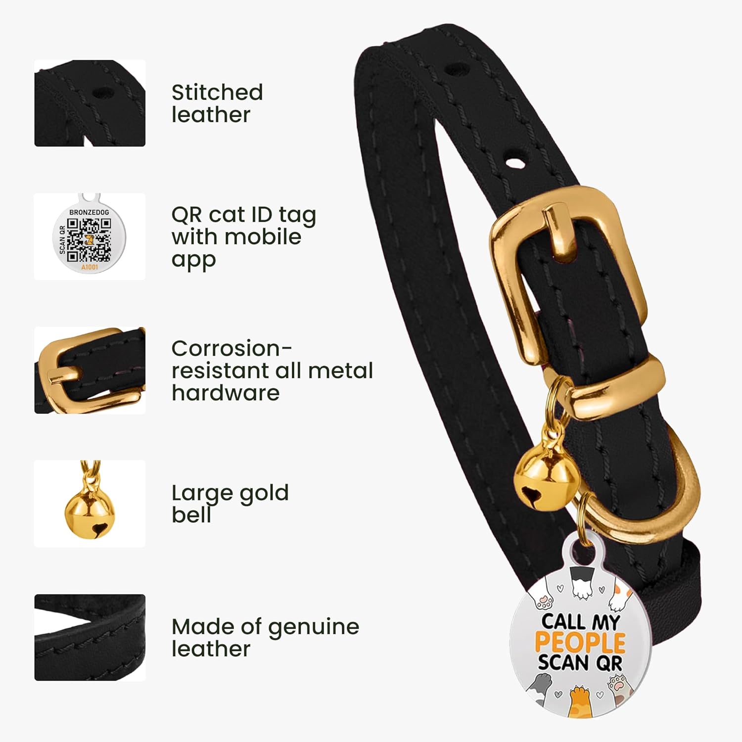 BRONZEDOG Leather Cat Collar with Removable Bells Non Breakaway Kitten QR Tag for Girl Boy (7" - 9" for Cats, Black & Gold) - Happypetzone.online - Image 2