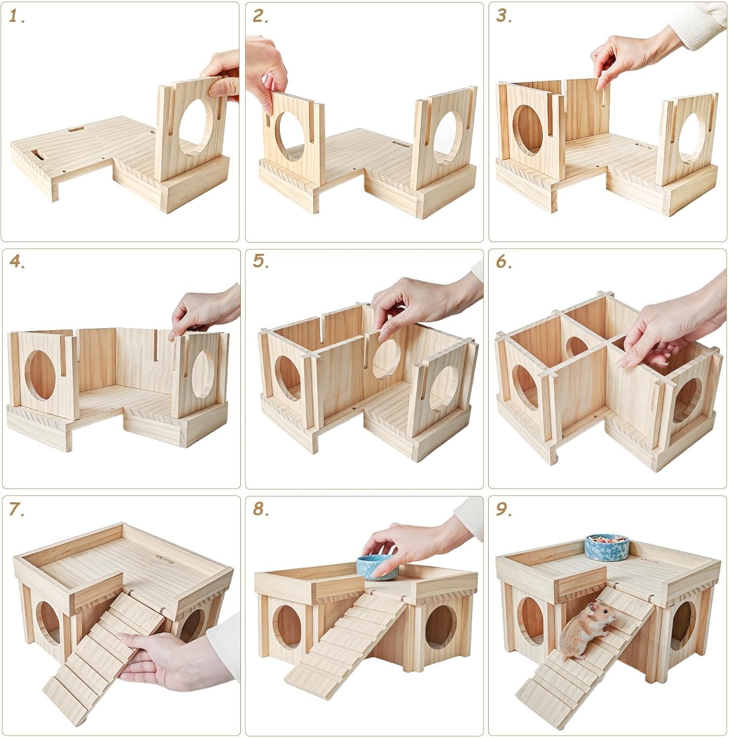 Wooden Hamster Hideout,Dwarf Hamster Hide House with Platform & Bowl & Ladder,Small Hamsters Maze Hut Hides Habitats Decor Cage Accessories for Gerbils,Mice,Mouse - Happypetzone.online - Image 9