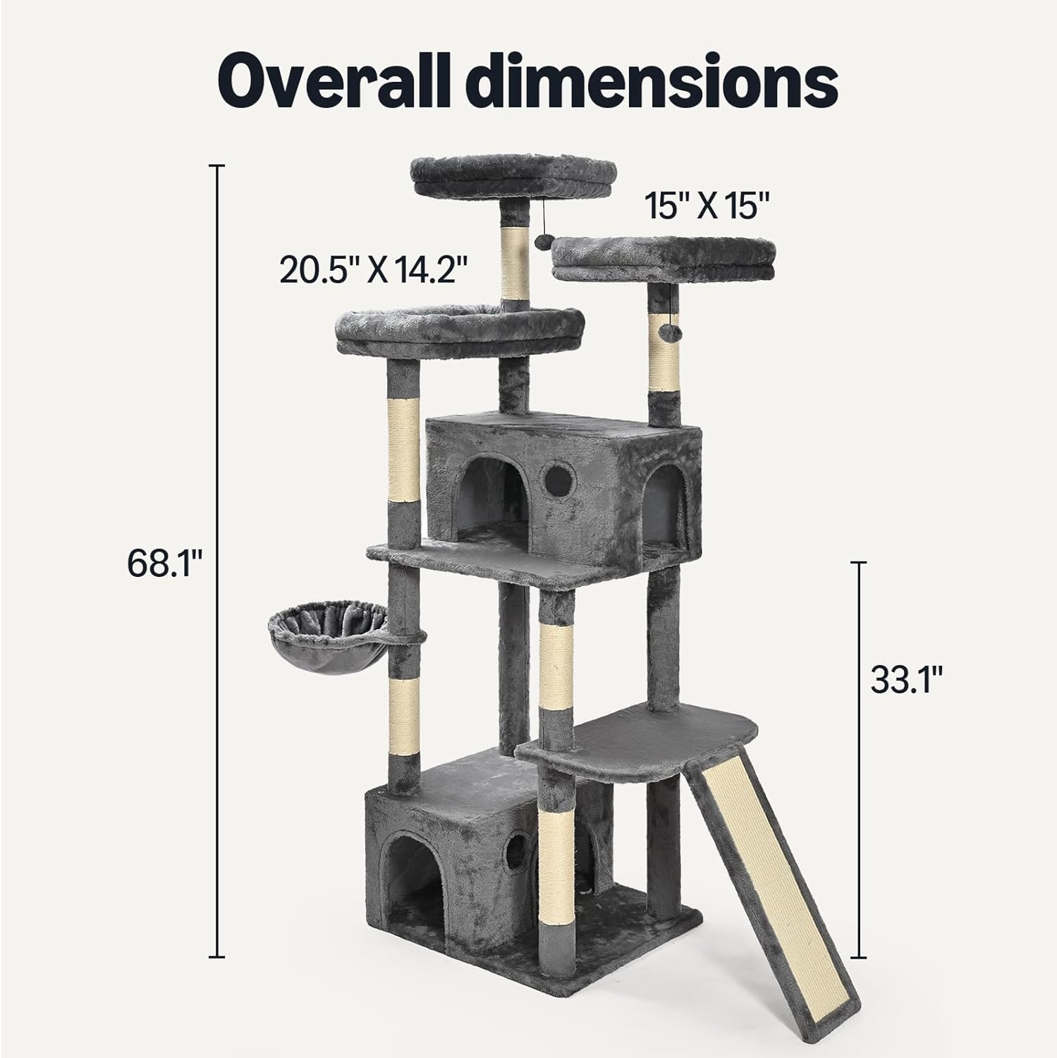 Amazon Basics Large Cat Tree Tower, Multi-Level Activity Center with 2 Large Condos, Multiple Sisal Scratching Posts and Hanging Pompoms, Gray, 68 Inches - Happypetzone.online - Image 4