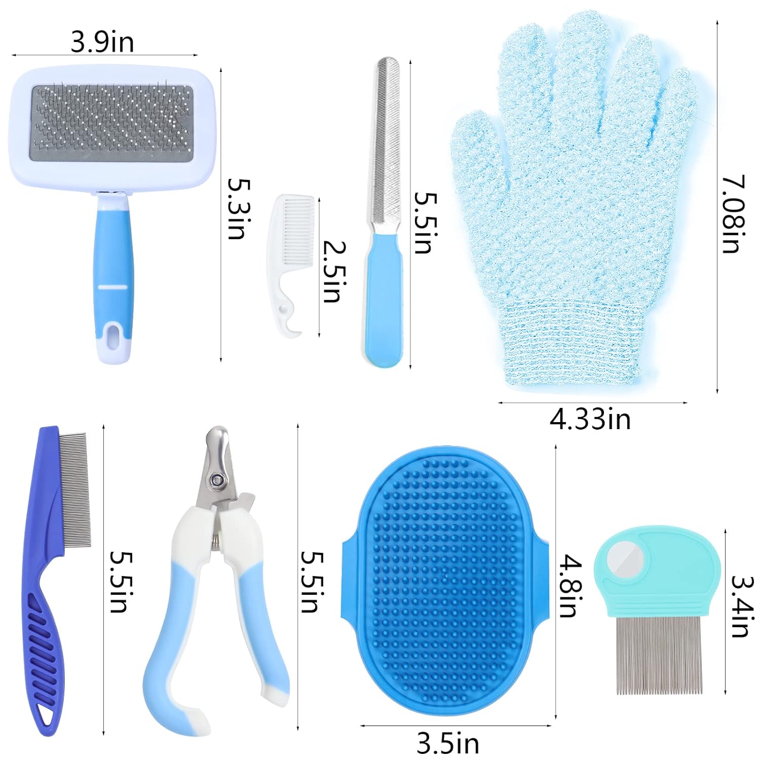 VCZONE Small Animal Grooming Set: Pet Nail Clipper & File, Flea Comb, Shampoo Brush, Shedding Slicker Brush, Massage Glove, Cleaning Comb (Blue) - Happypetzone.online - Image 2