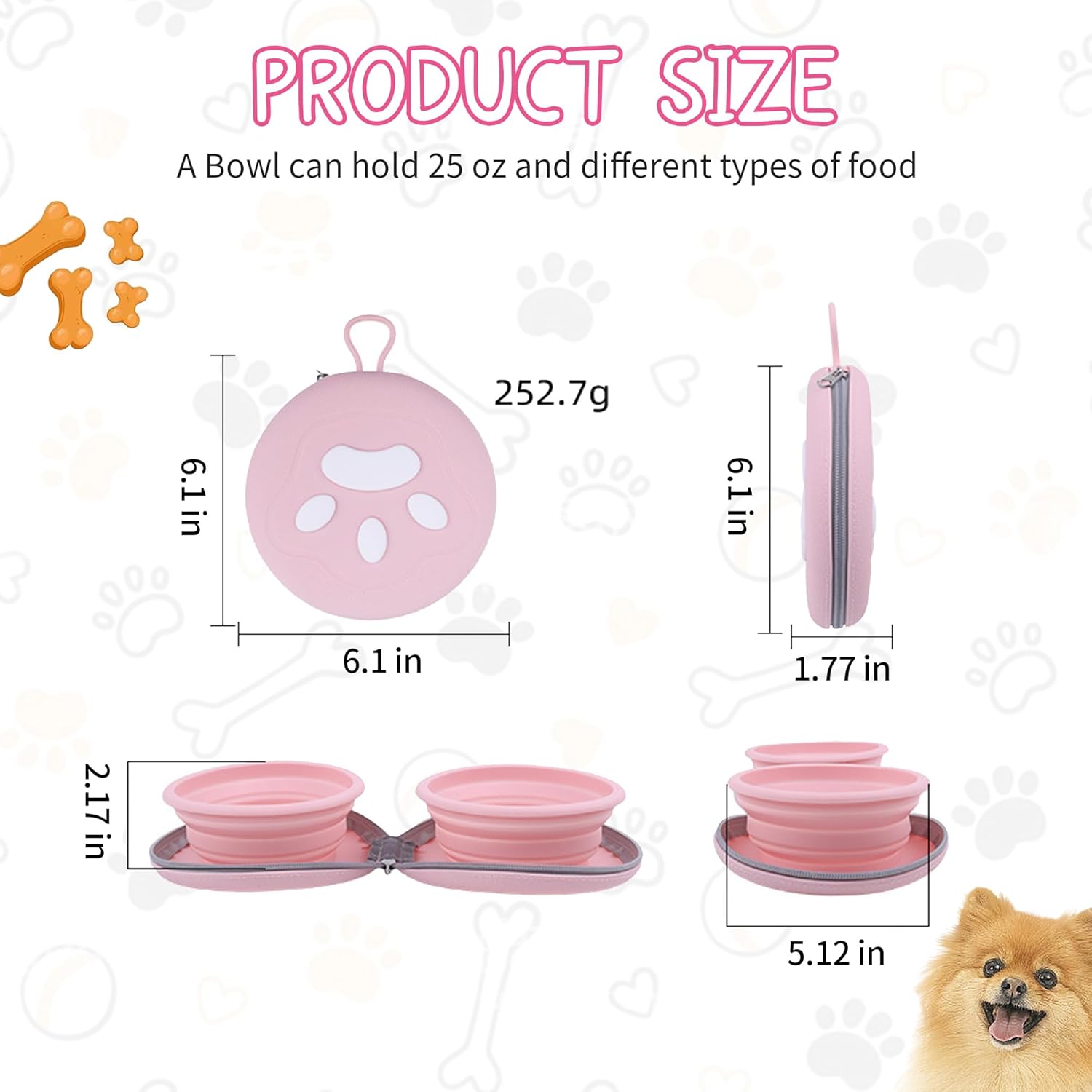 Collapsible Dog Bowls, 2-in-1 Pet Portable Travel Double Bowl Water Food Feeder Traveling Camping & Walking 25oz Pink - Happypetzone.online - Image 3