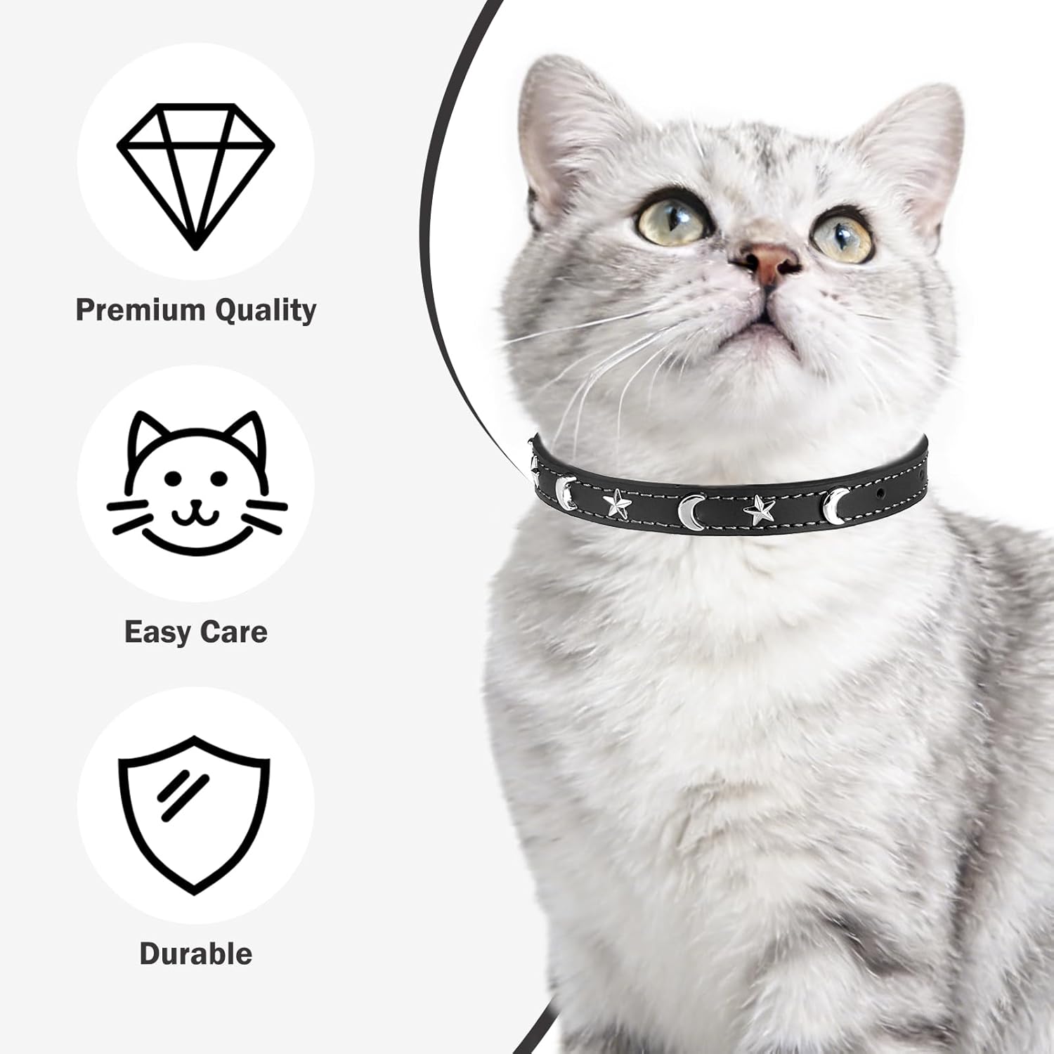 Leather Cat Collars for Boy Girl Cats with Bell and Safety Elastic Belt, Personalized Star and Moon Stud Adjustable Safe Buckle Collar for Kitty Small Big Cats Size 8-12 Inch, Black - Happypetzone.online - Image 3