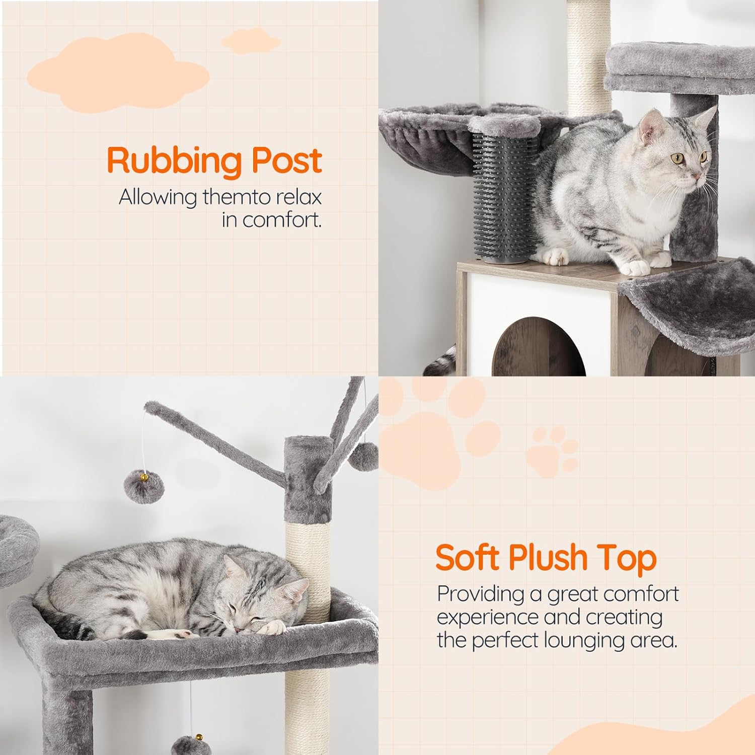 HOOBRO Large Hidden Litter Box, Cat Tree with 30.7'' Long Litter Box Enclosure, Modern Cat Tower, Cat Condos with Scratching Posts, Rubbing Post, Hammock and Teaser Sticks, Greige BG28MZ03G1 - Happypetzone.online - Image 5