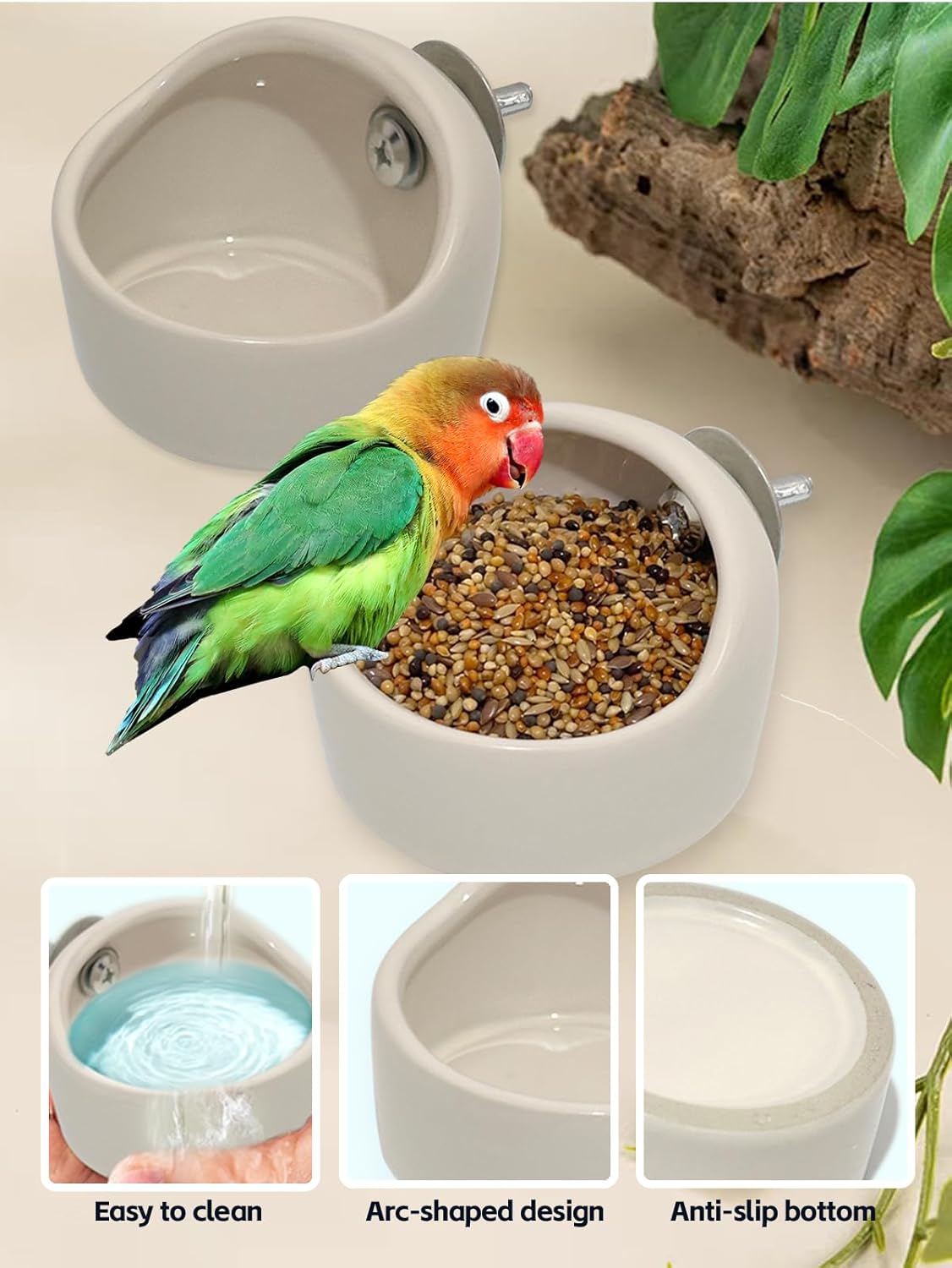 2 Pcs Ceramic Bird Food Bowl Hanging Parrot Food Bowl Pet Bird Bowls Birds Cage Holder for Budgie Finches Lovebirds Parakeet Cockatiels (White) - Happypetzone.online - Image 3