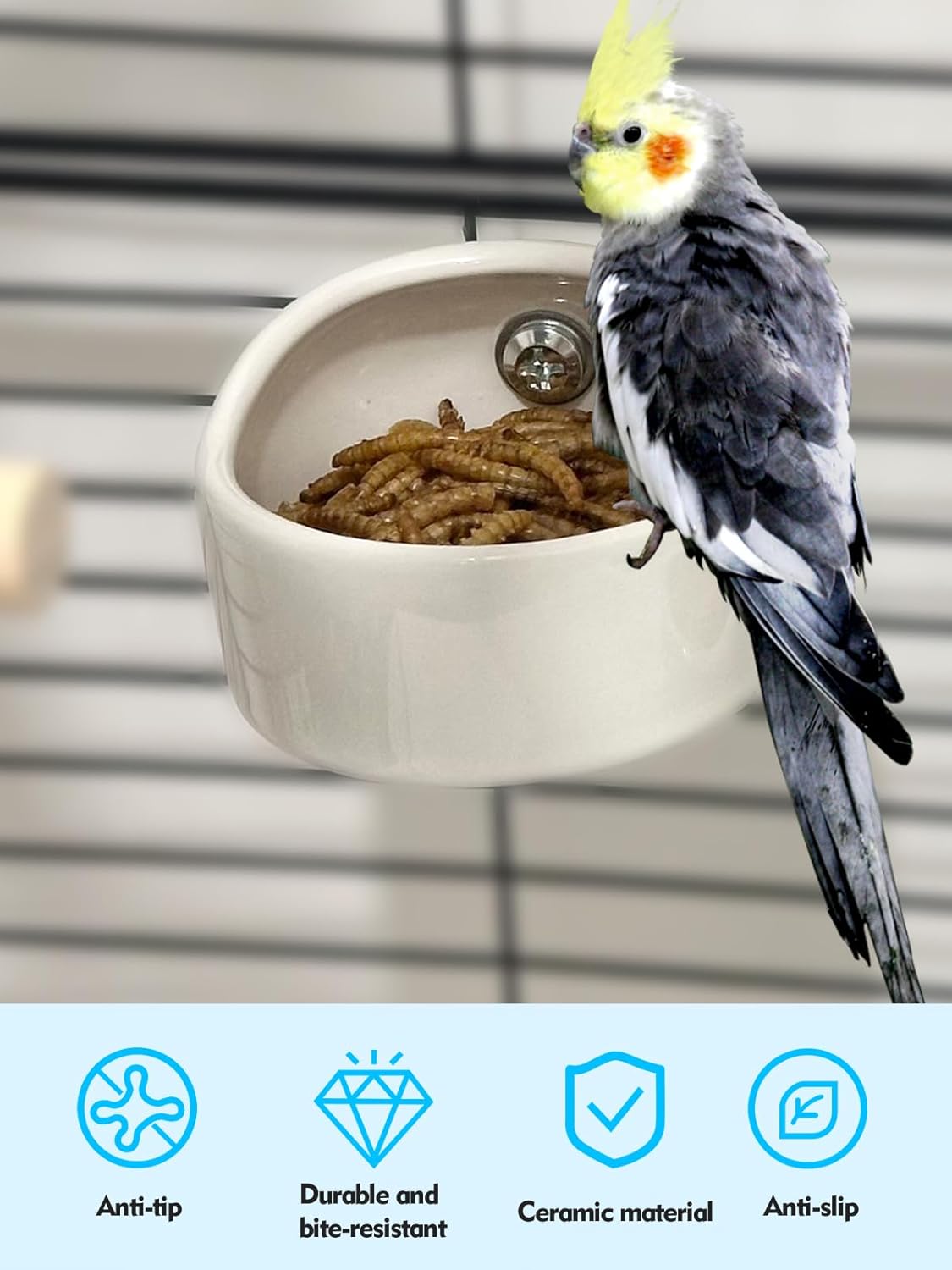 2 Pcs Ceramic Bird Food Bowl Hanging Parrot Food Bowl Pet Bird Bowls Birds Cage Holder for Budgie Finches Lovebirds Parakeet Cockatiels (White) - Happypetzone.online - Image 2