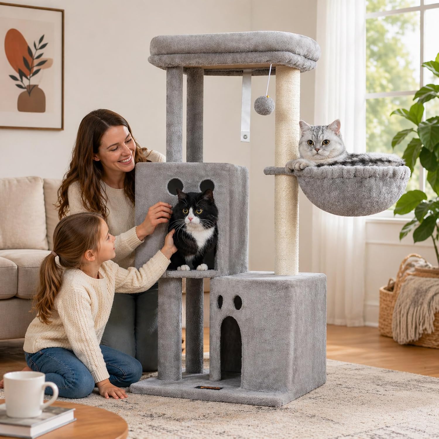 Small Cat Tree Tower for Indoor Cats, 40 in Medium Compact Adults Cat Beds Trees with 2 Condos, Sisal Scratching Post, Large Perch Platform, Multi-Level Kitty Kitten Climbing Stands House(Light Grey) - Happypetzone.online - Image 8