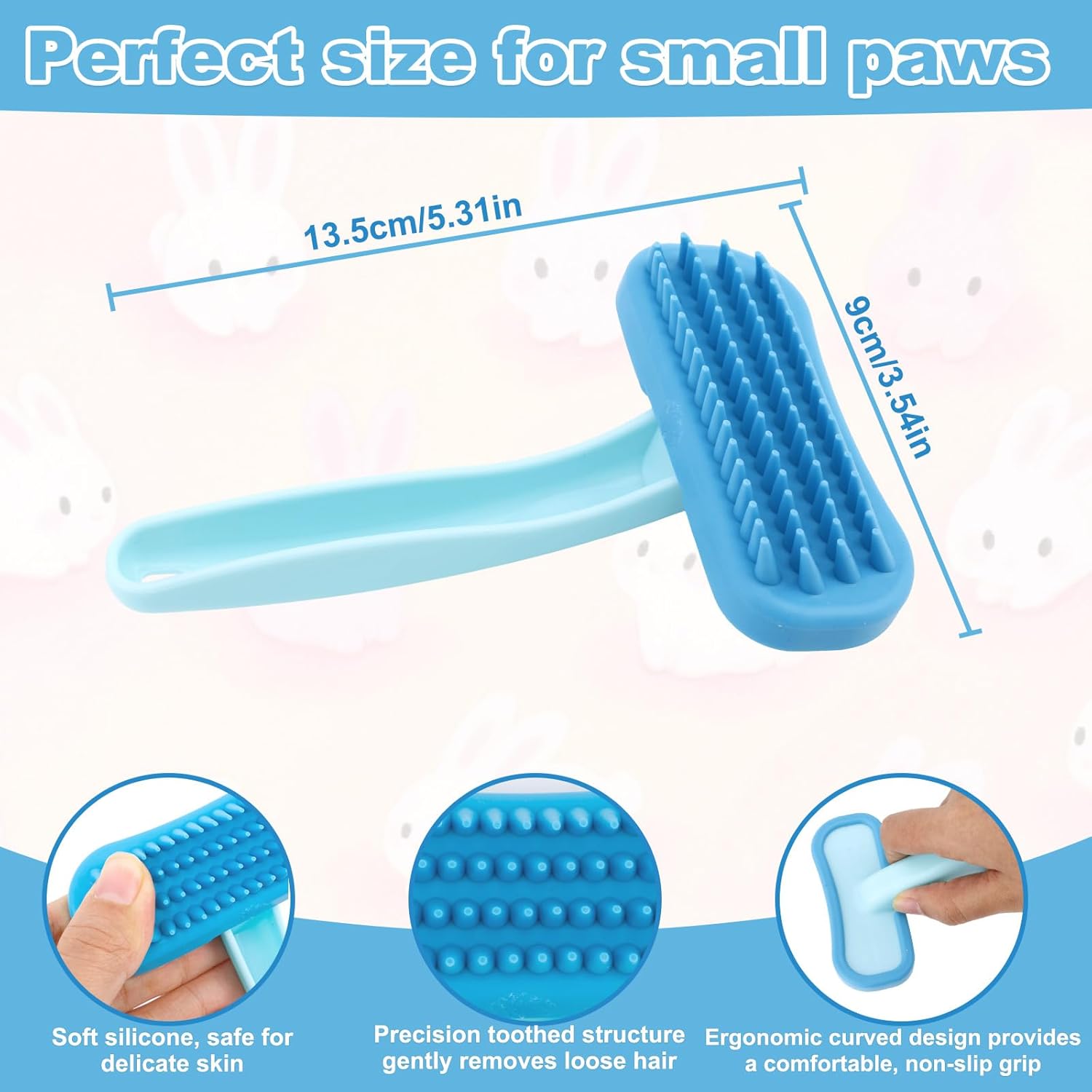Rabbits Bunny Brush, 13.5x9cm/5.31x3.54in Durable Soft Silicone Rabbit Grooming Bunny Brush Practical Small Animal Massage Comb Suitable for Cats, Puppy Dogs, Kittens & Pets (Blue) - Happypetzone.online - Image 2