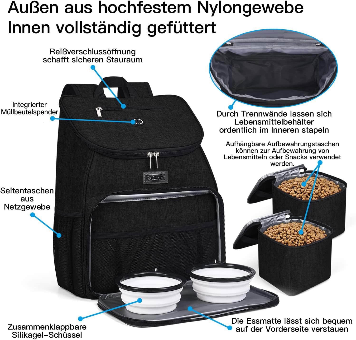 BAGLHER丨Dog Travel Bag, Airline Approved Pet Supplies Backpack, Dog Travel Backpack Accessories Set with 2 Silicone Collapsible Bowls and 2 Food Baskets. Black - Happypetzone.online - Image 4