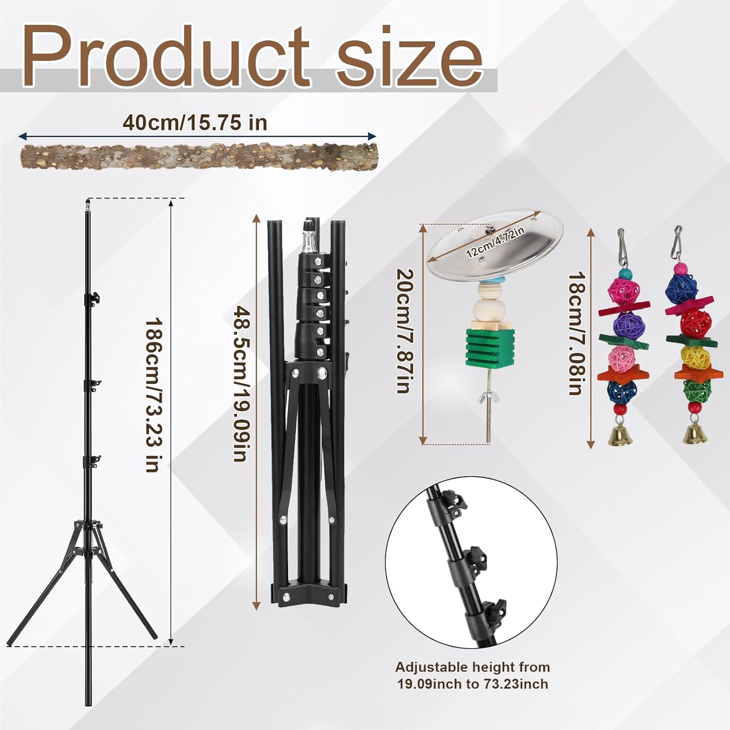 72" Parrot Stand, Adjustable Height Bird Perch, Pepper Wood Perch Stand, Parakeet Perches with Feeding Cups, Swing Toy, Toy Cymbals,Parrot Stands for Indoor & Outdoor Small to Medium Bird. - Happypetzone.online - Image 2